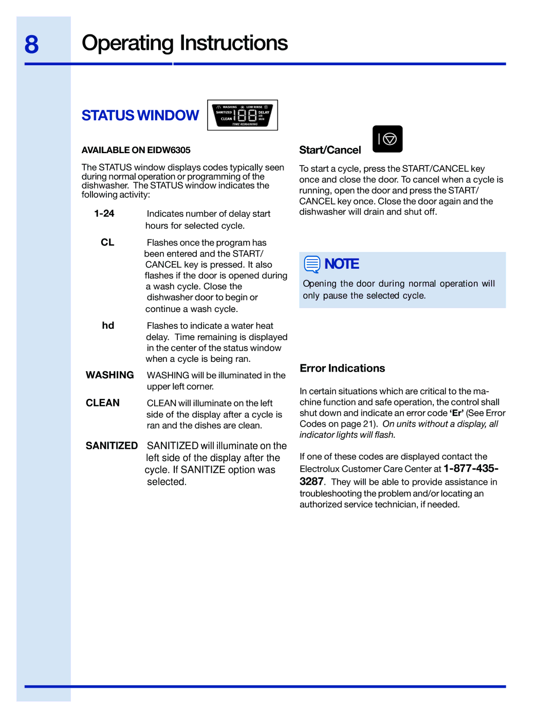 Electrolux EIDW6105 manual Status Window, Start/Cancel, Error Indications 