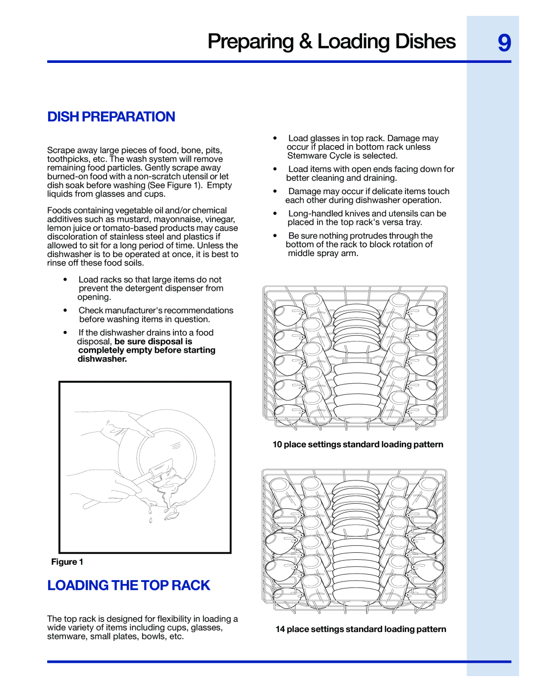 Electrolux EIDW6105 manual Preparing & Loading Dishes, Dish Preparation, Loading the TOP Rack 