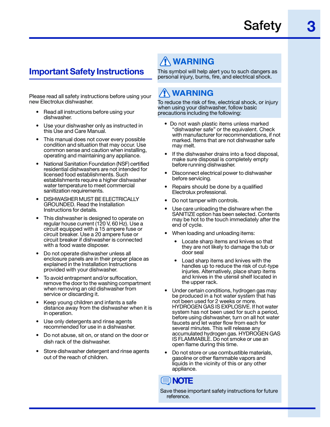 Electrolux EIDW6105 manual Important Safety Instructions 