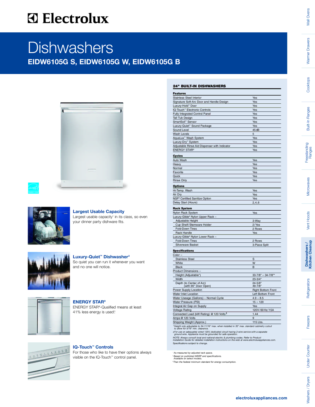 Electrolux EIDW6105GS, EIDW6105GW specifications Largest Usable Capacity, Luxury-QuietDishwasher2, IQ-TouchControls 