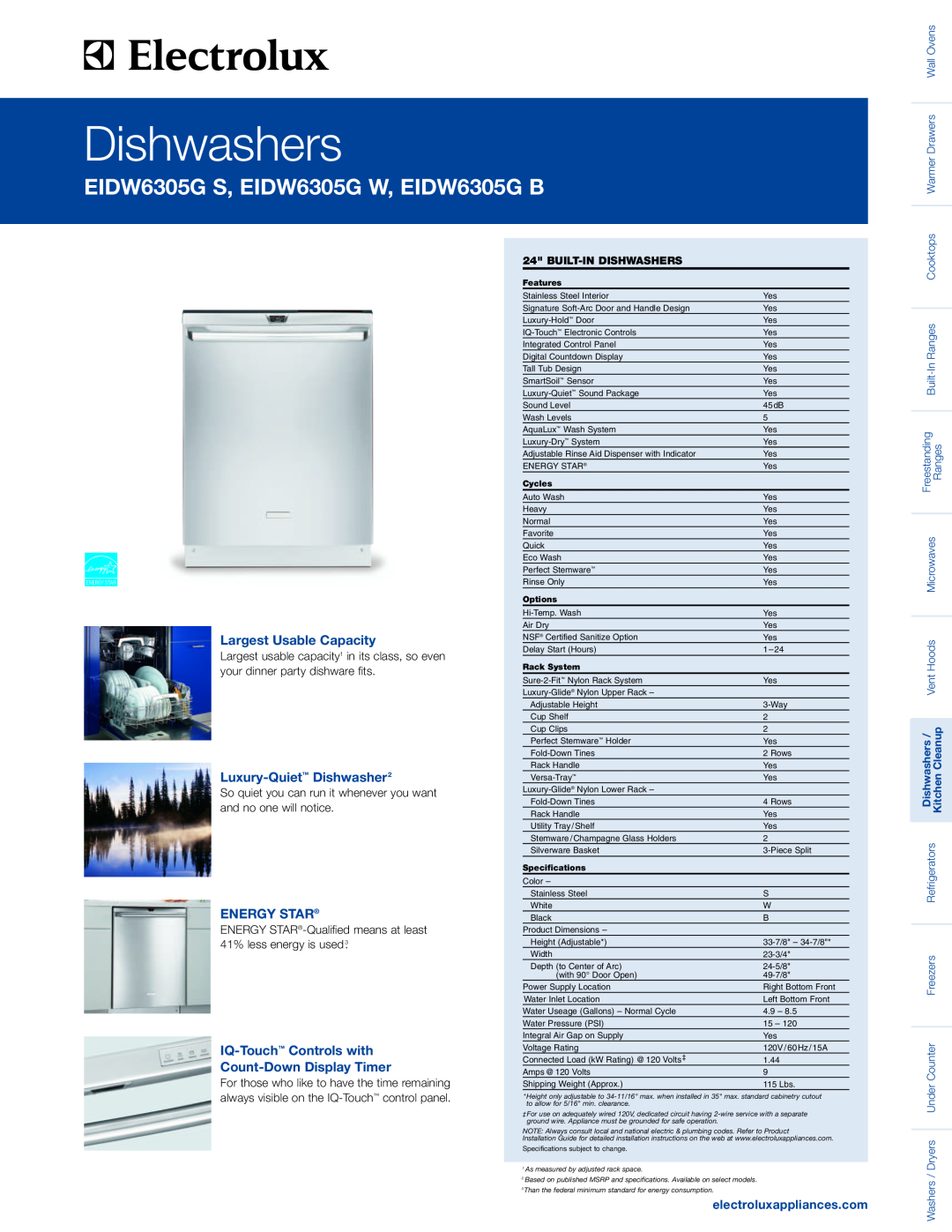 Electrolux EIDW6305GS specifications Largest Usable Capacity, Luxury-Quiet Dishwasher2, Energy Star, Dishwashers 