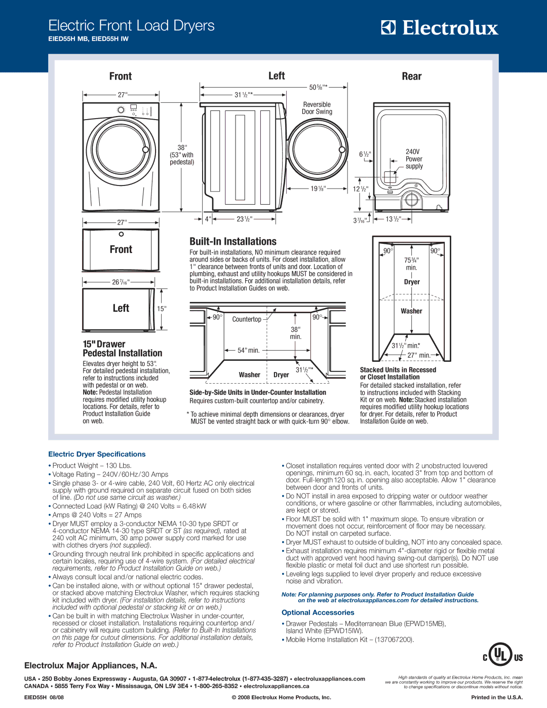 Electrolux EIED55HIW, EIED55HMB system manual Electric Dryer Specifications, Optional Accessories 