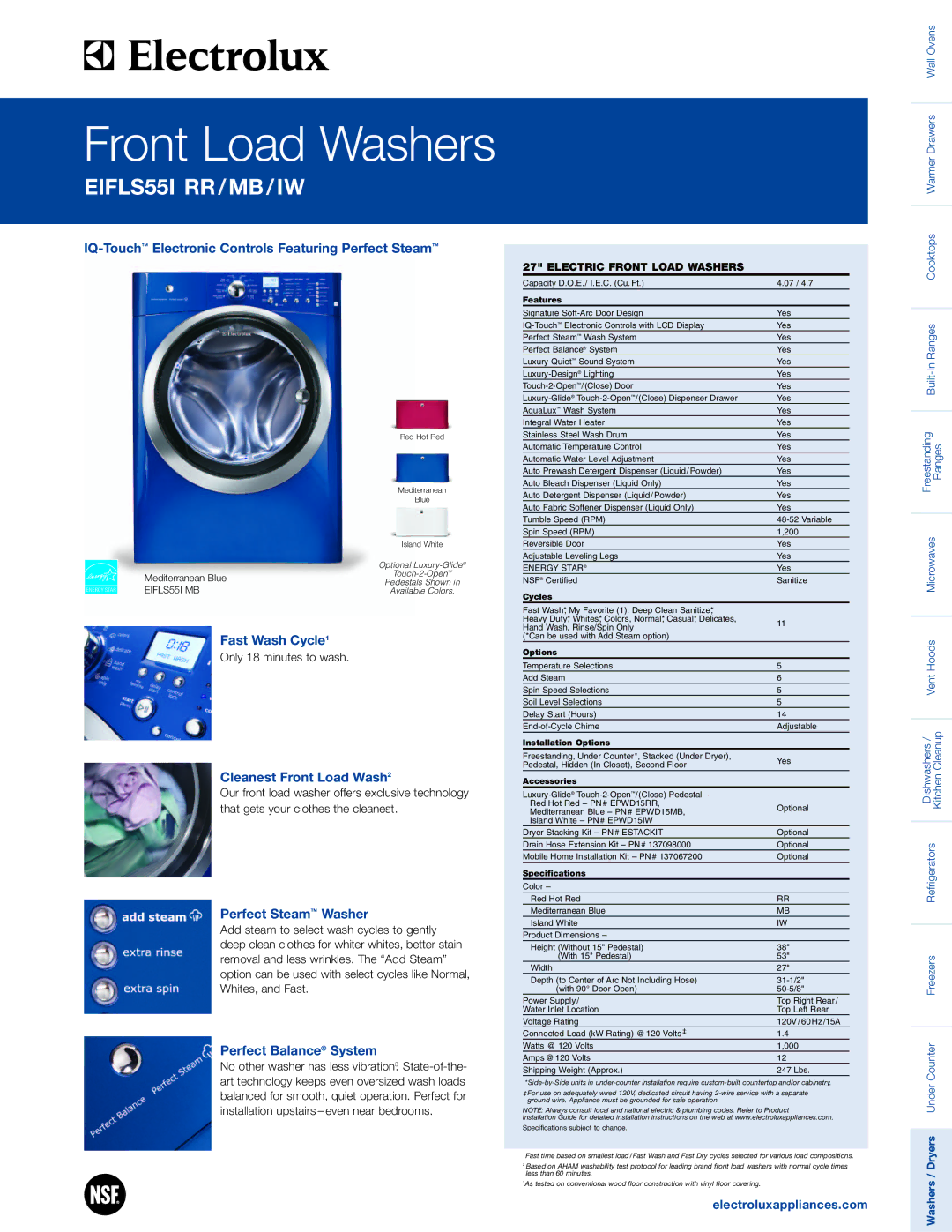 Electrolux EIFLS55I IW, EIFLS55I MB specifications IQ-TouchElectronic Controls Featuring Perfect Steam, Fast Wash Cycle1 