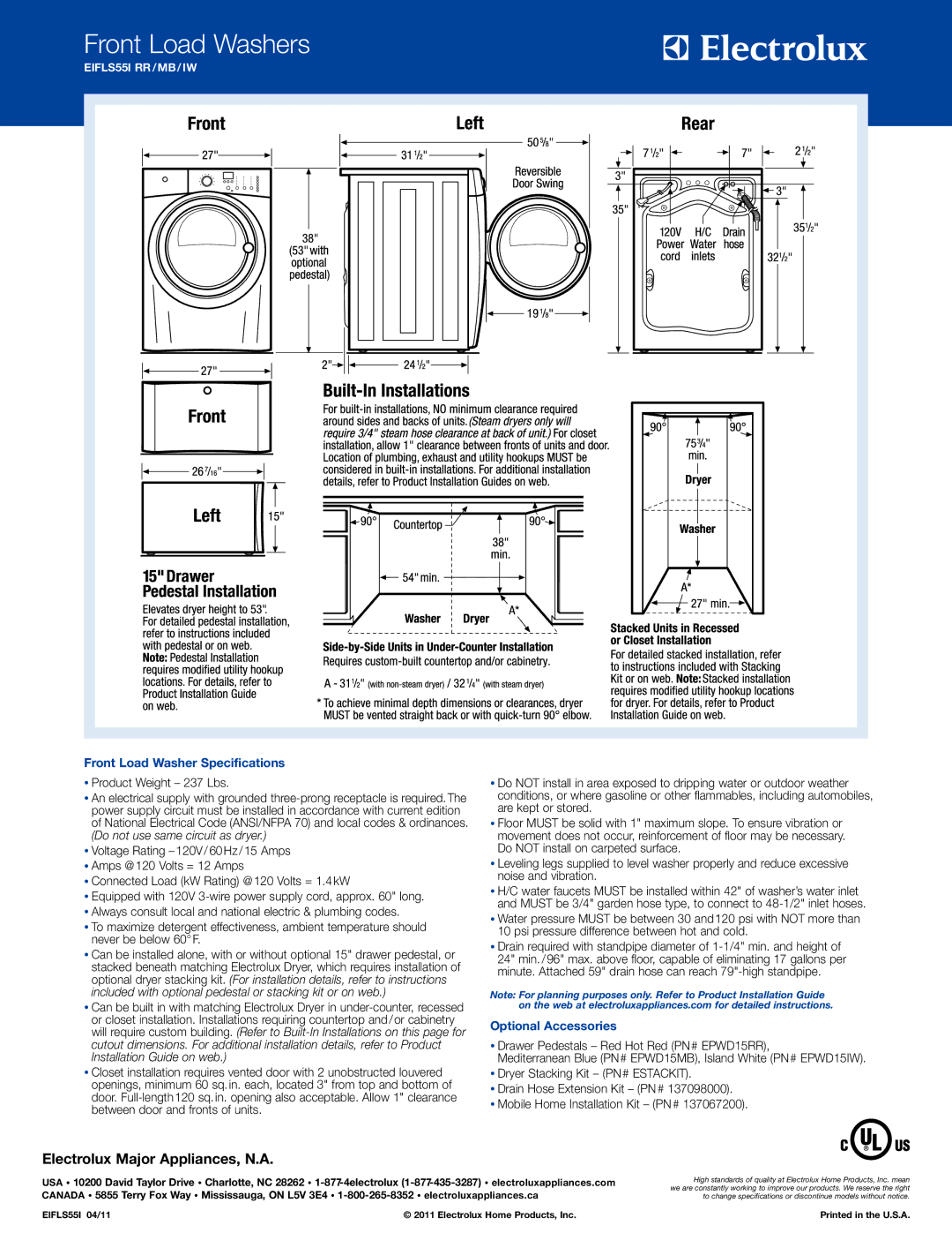 Electrolux EIFLS55I RR, EIFLS55I MB, EIFLS55I IW specifications Front Load Washer Specifications, Optional Accessories 