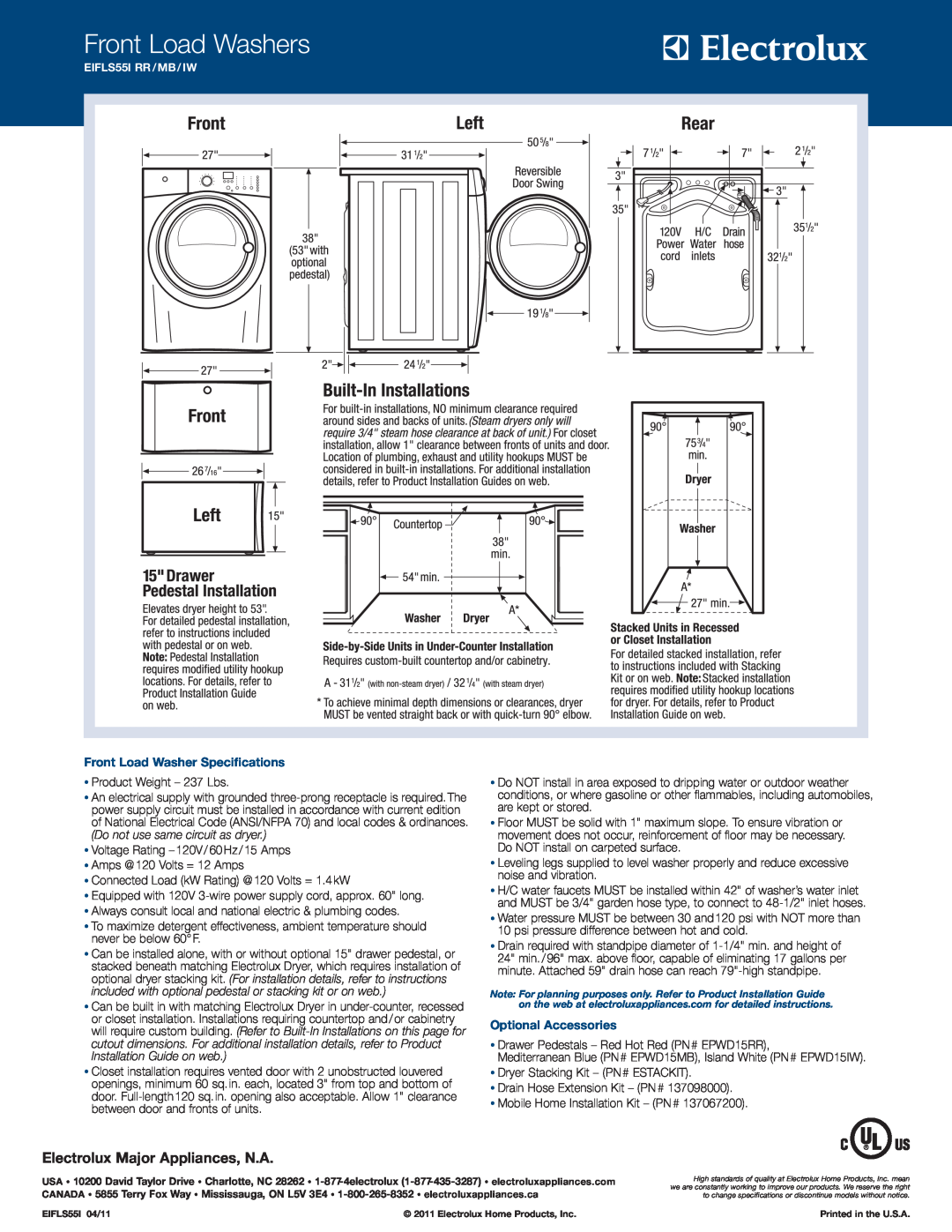 Electrolux EIFLS55I RR, EIFLS55I MB, EIFLS55I IW Front Load Washer Specifications, Optional Accessories, Front Load Washers 