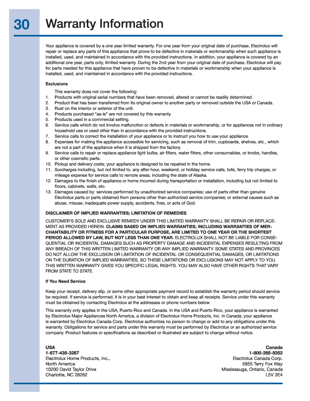Electrolux EIFLS60LT Warranty Information, Canada, Exclusions, Disclaimer Of Implied Warranties Limitation Of Remedies 