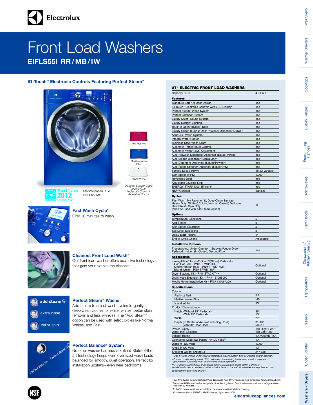 Electrolux EIFLSS55I specifications IQ-TouchElectronic Controls Featuring Perfect Steam, Fast Wash Cycle1 