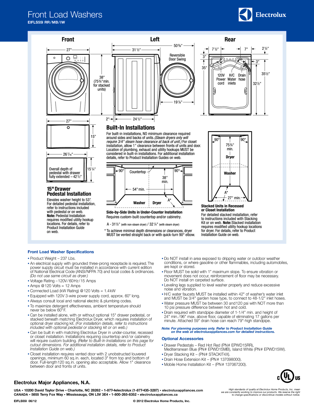 Electrolux EIFLSS55I specifications Front Load Washer Specifications, Optional Accessories 