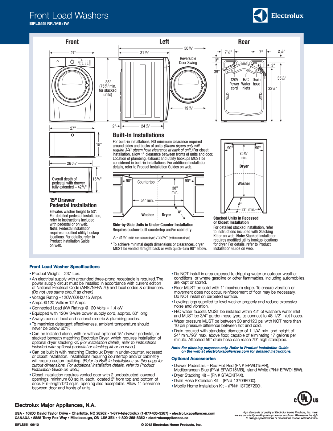 Electrolux EIFLSS55I specifications Front Load Washer Specifications, Optional Accessories, Front Load Washers 
