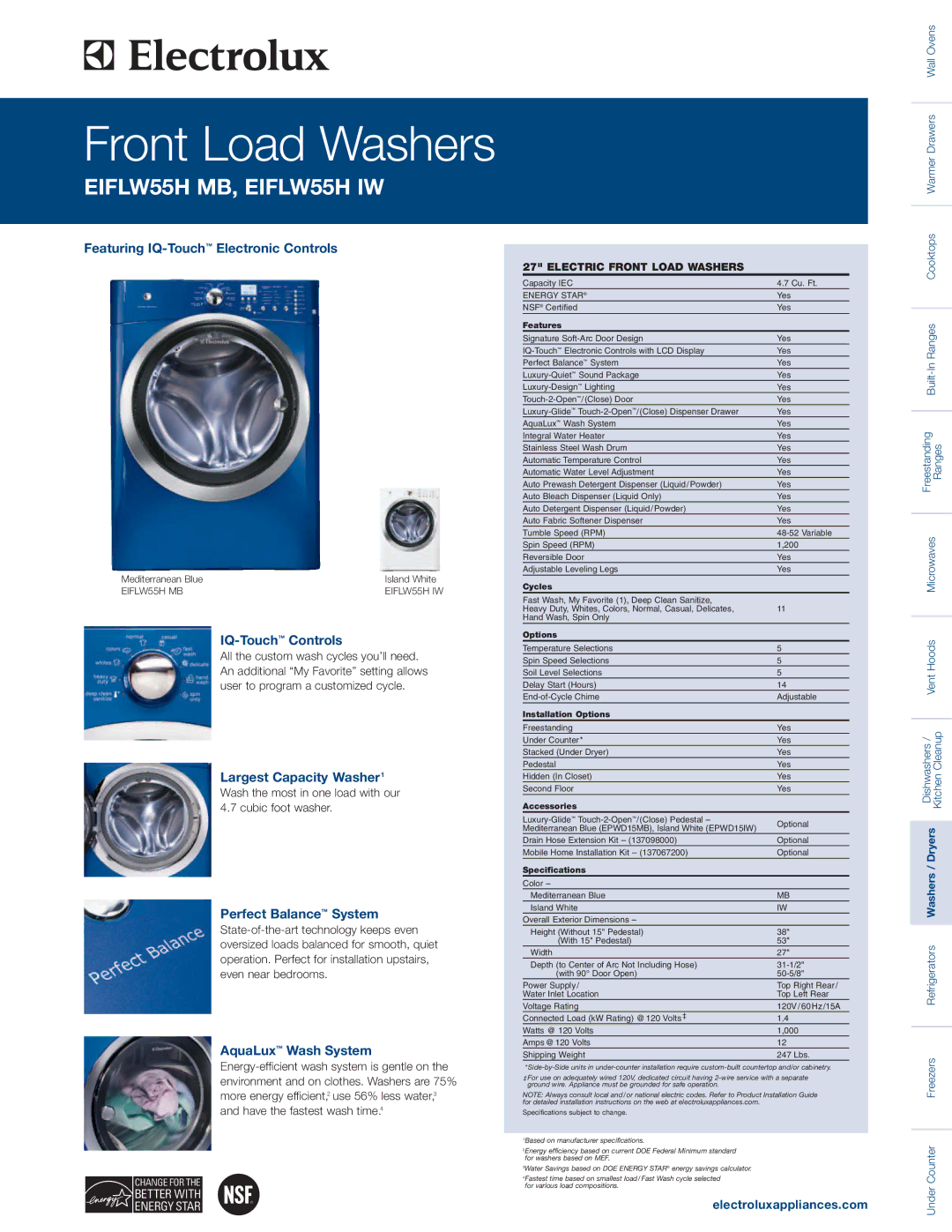 Electrolux EIFLW55HMB specifications Featuring IQ-TouchElectronic Controls, IQ-TouchControls, Largest Capacity Washer1 