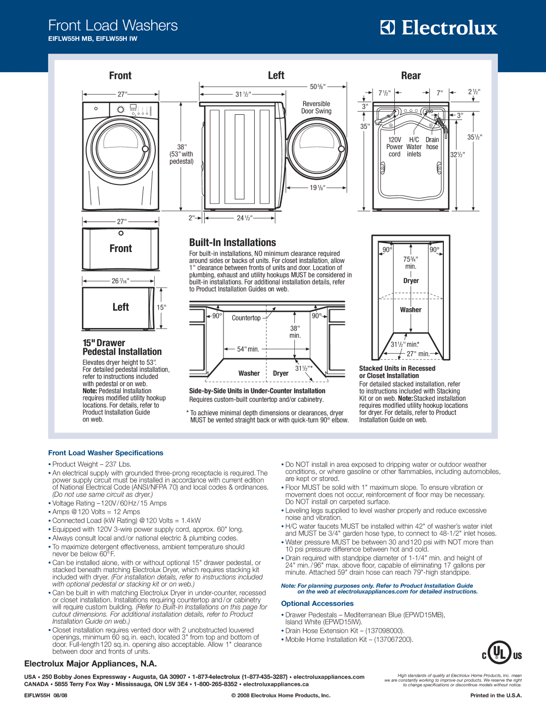 Electrolux EIFLW55HMB specifications Front Load Washer Specifications, Optional Accessories 