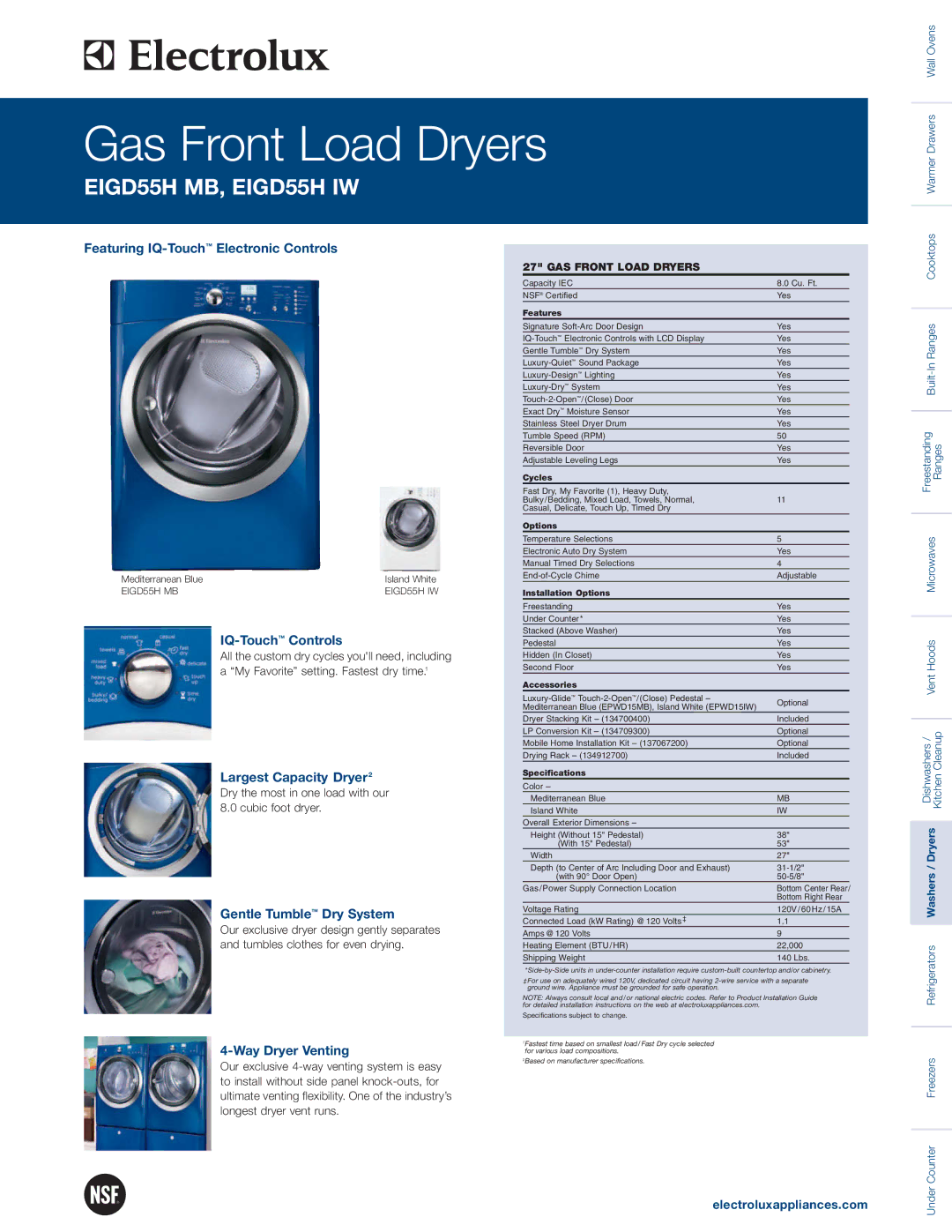 Electrolux EIGD55H IW system manual Featuring IQ-TouchElectronic Controls, IQ-TouchControls, Largest Capacity Dryer2 