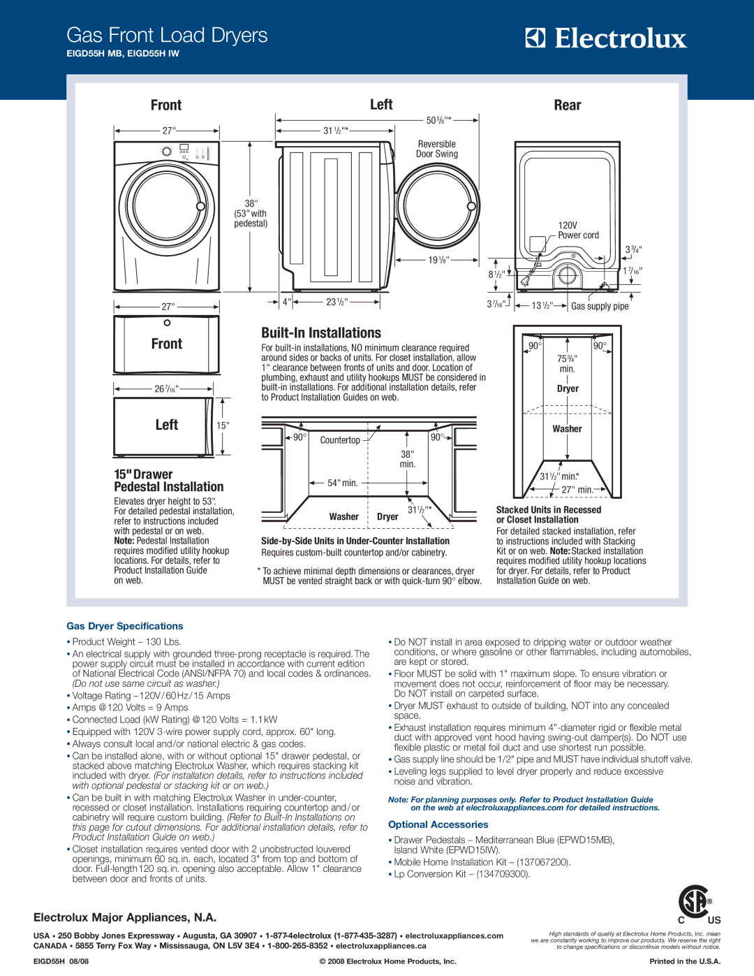 Electrolux EIGD55H MB, EIGD55H IW system manual Gas Dryer Specifications, Optional Accessories 