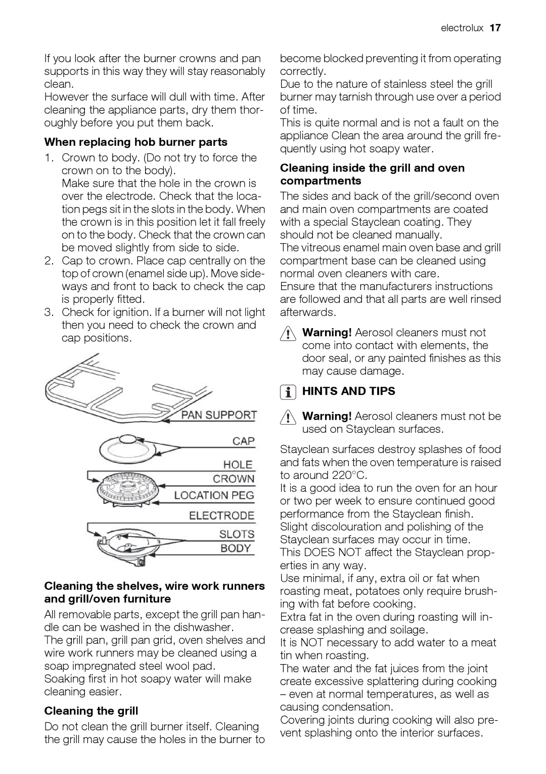 Electrolux EIKG5547 When replacing hob burner parts, Cleaning the grill, Cleaning inside the grill and oven compartments 