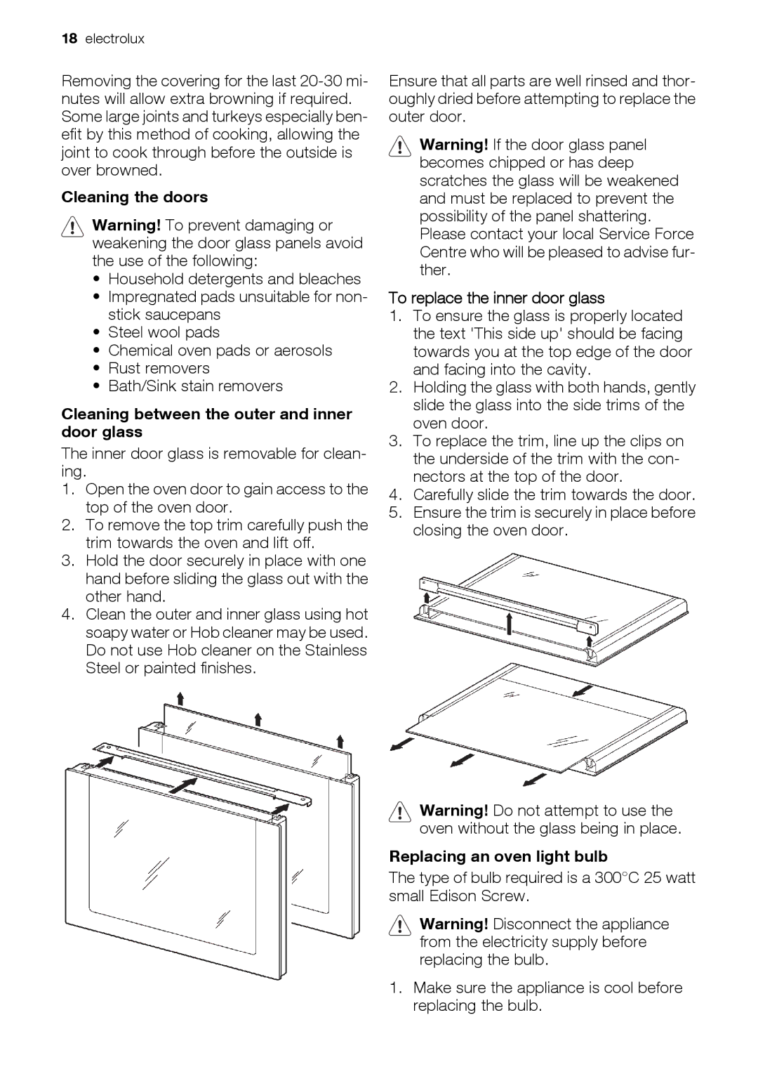 Electrolux EIKG5546 Cleaning the doors, Cleaning between the outer and inner door glass, To replace the inner door glass 