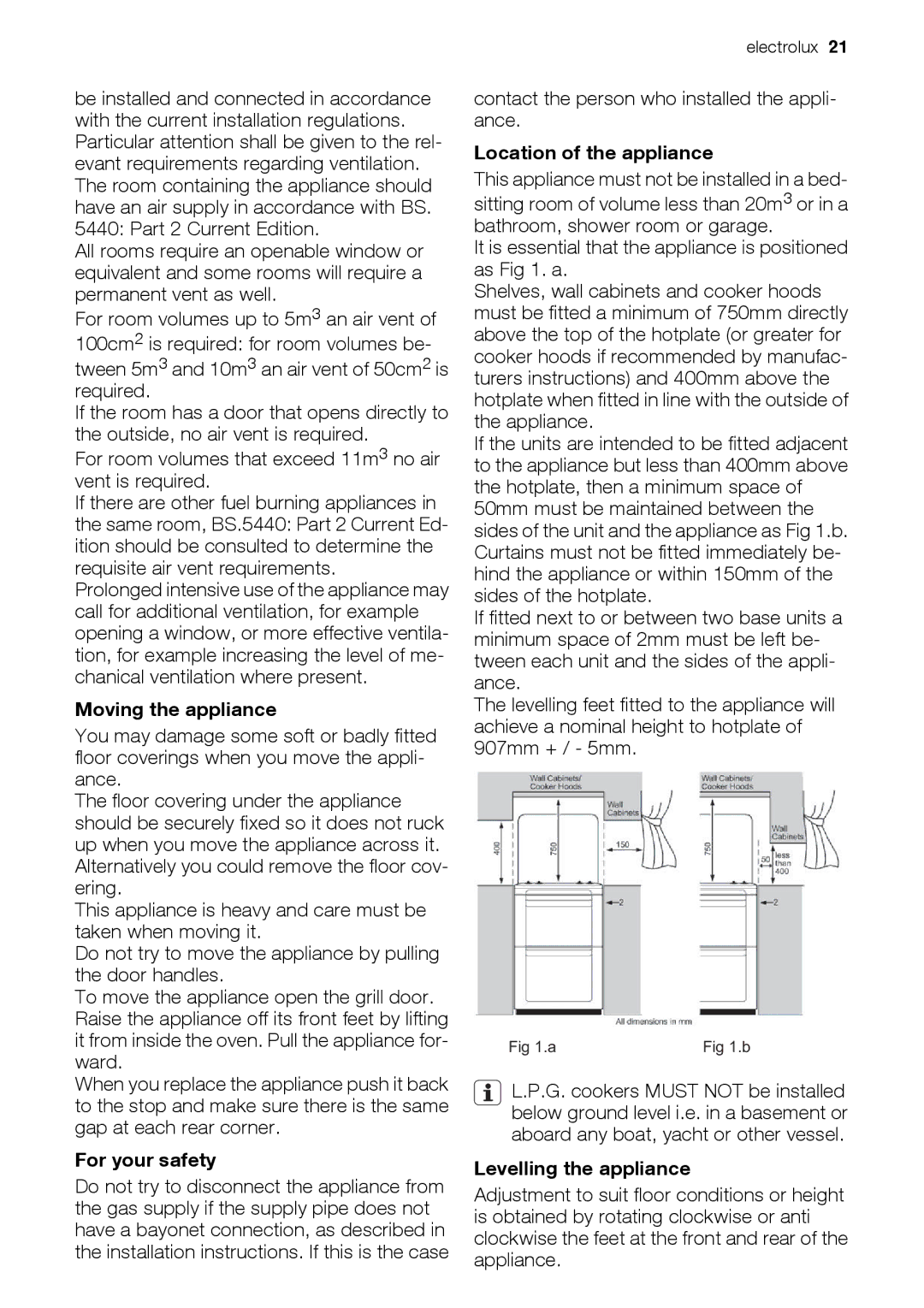 Electrolux EIKG5547, EIKG5546 Moving the appliance, For your safety, Location of the appliance, Levelling the appliance 