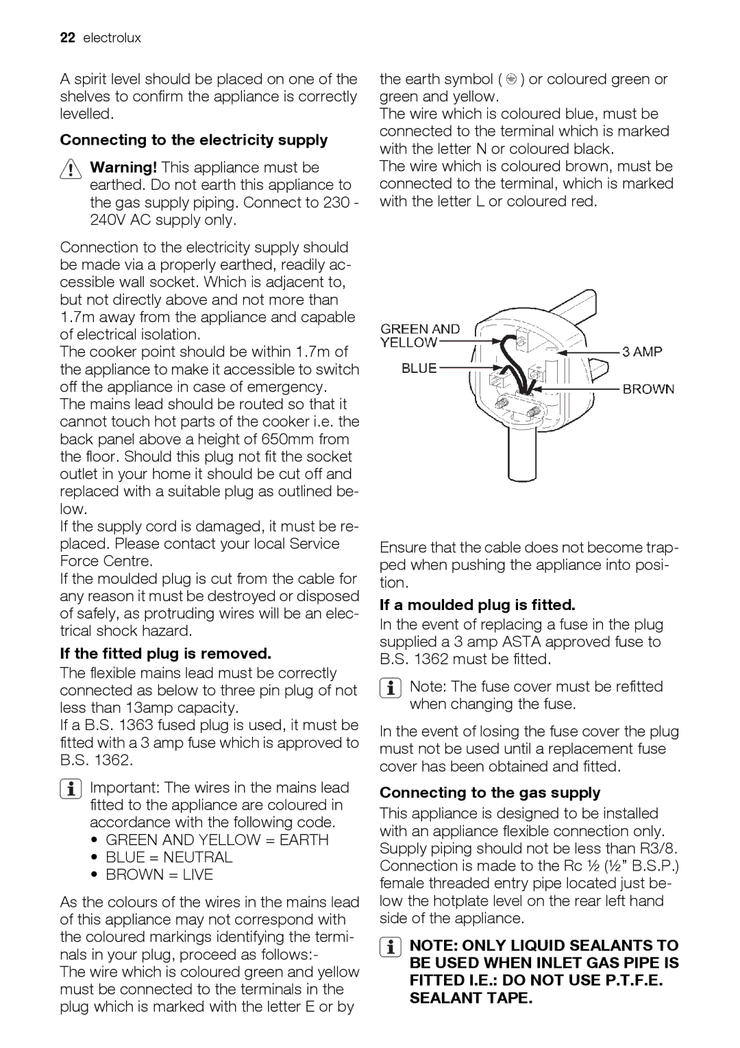 Electrolux EIKG5546 Connecting to the electricity supply, If the fitted plug is removed, If a moulded plug is fitted 