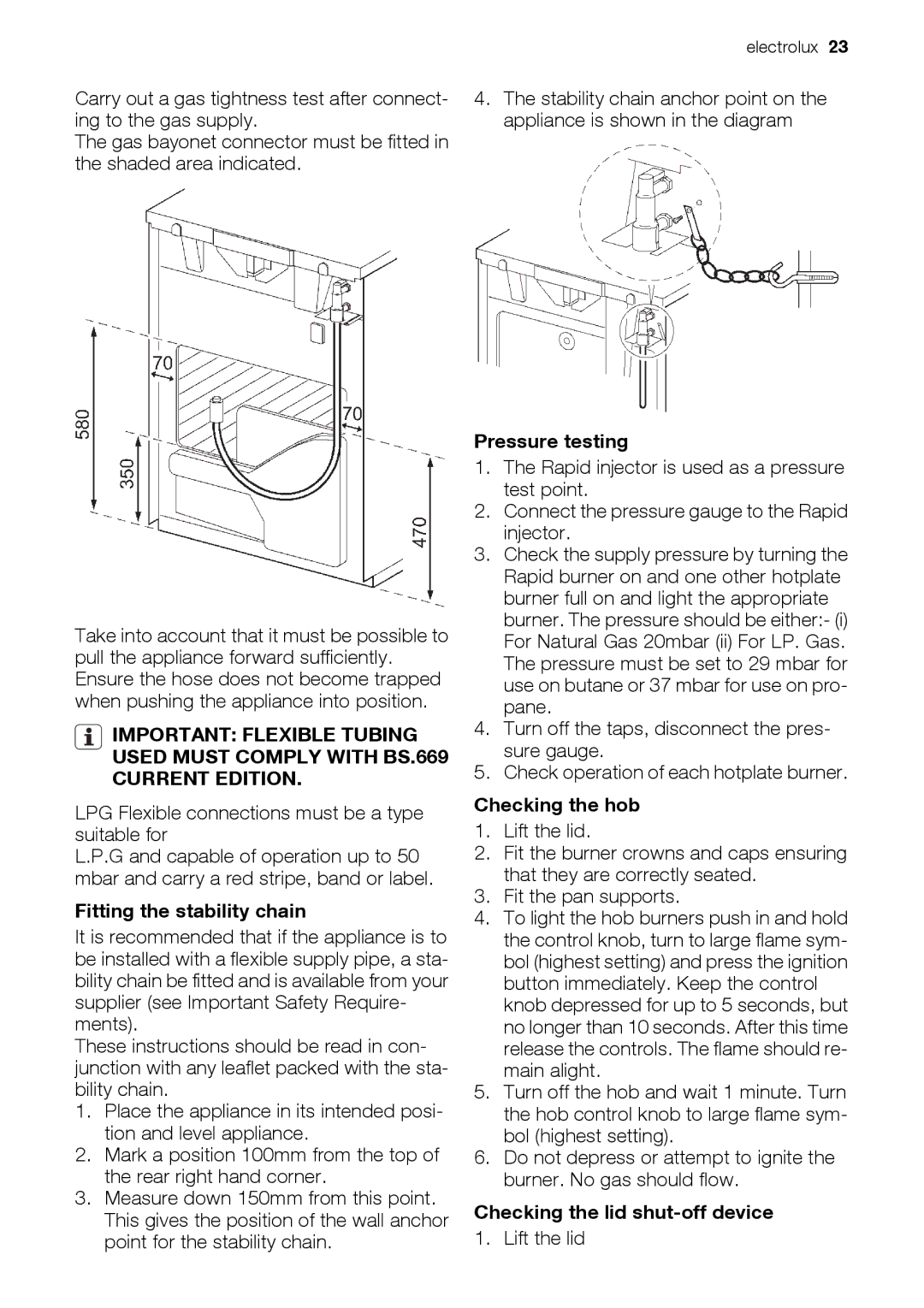 Electrolux EIKG5547 Fitting the stability chain, Pressure testing, Checking the hob, Checking the lid shut-off device 