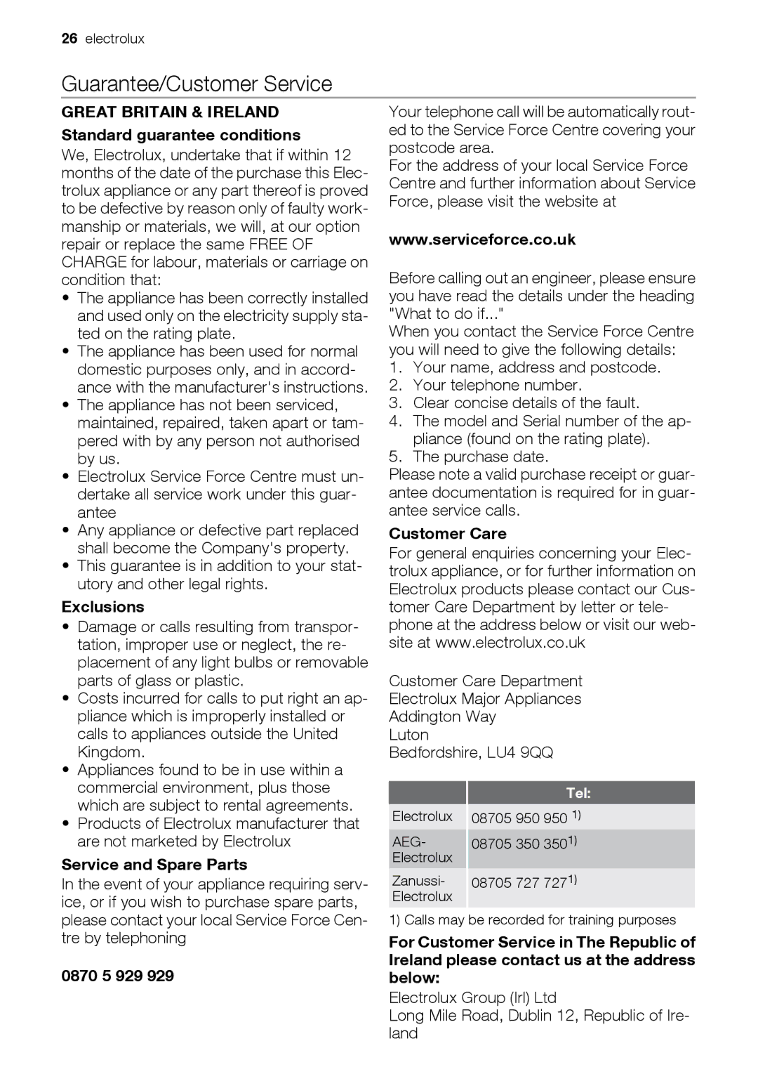 Electrolux EIKG5546, EIKG5547 user manual Guarantee/Customer Service 