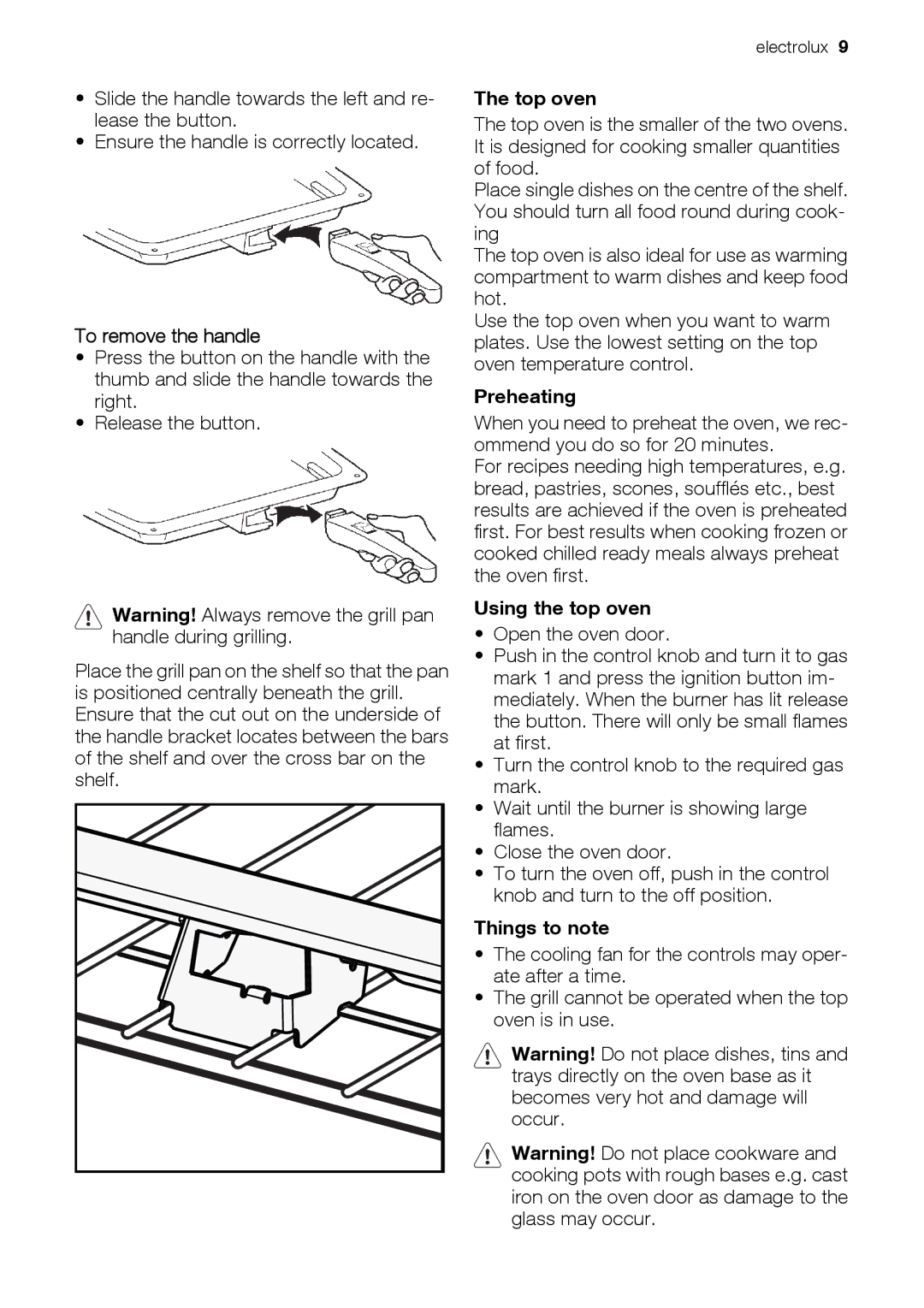 Electrolux EIKG5547, EIKG5546 user manual To remove the handle, Top oven, Preheating, Using the top oven 