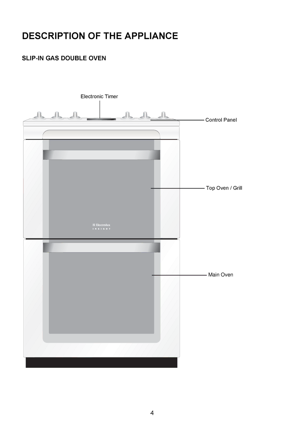 Electrolux EIKG5546, EIKG5547 user manual Description of the Appliance, SLIP-IN GAS Double Oven 