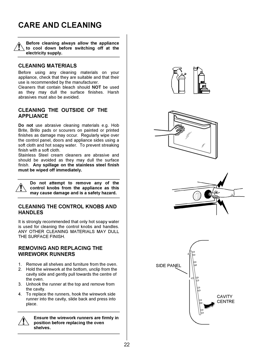 Electrolux EIKG6047, EIKG6046 user manual Care and Cleaning, Cleaning Materials, Cleaning the Outside of the Appliance 