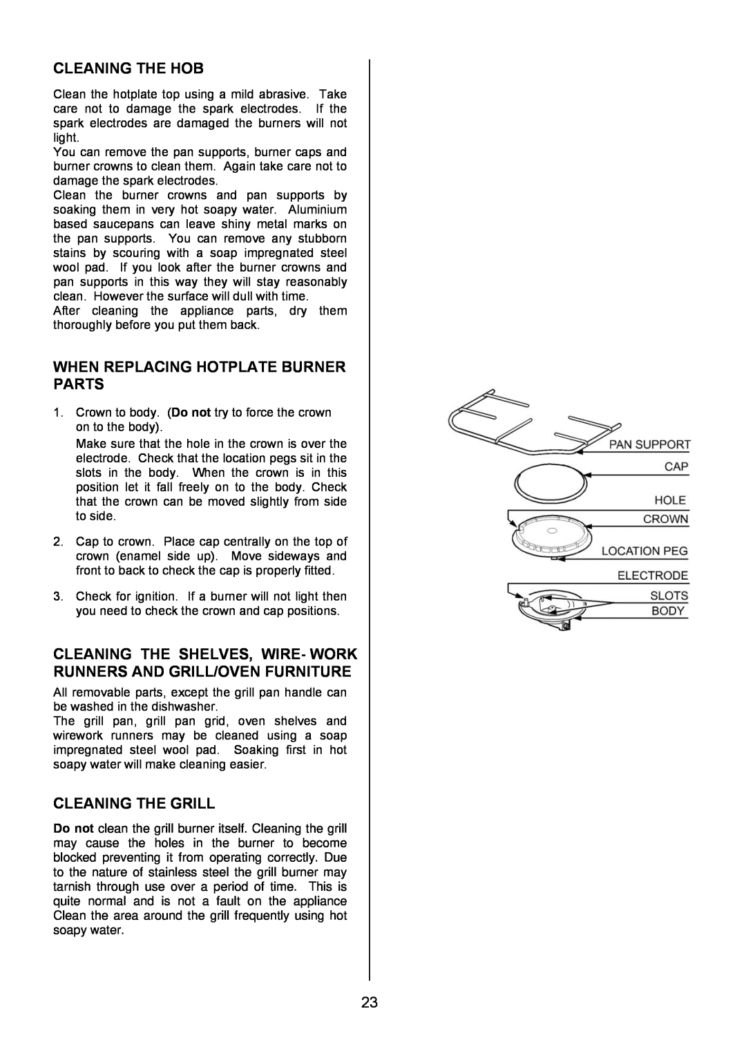 Electrolux EIKG6046, EIKG6047 user manual Cleaning The Hob, When Replacing Hotplate Burner Parts, Cleaning The Grill 