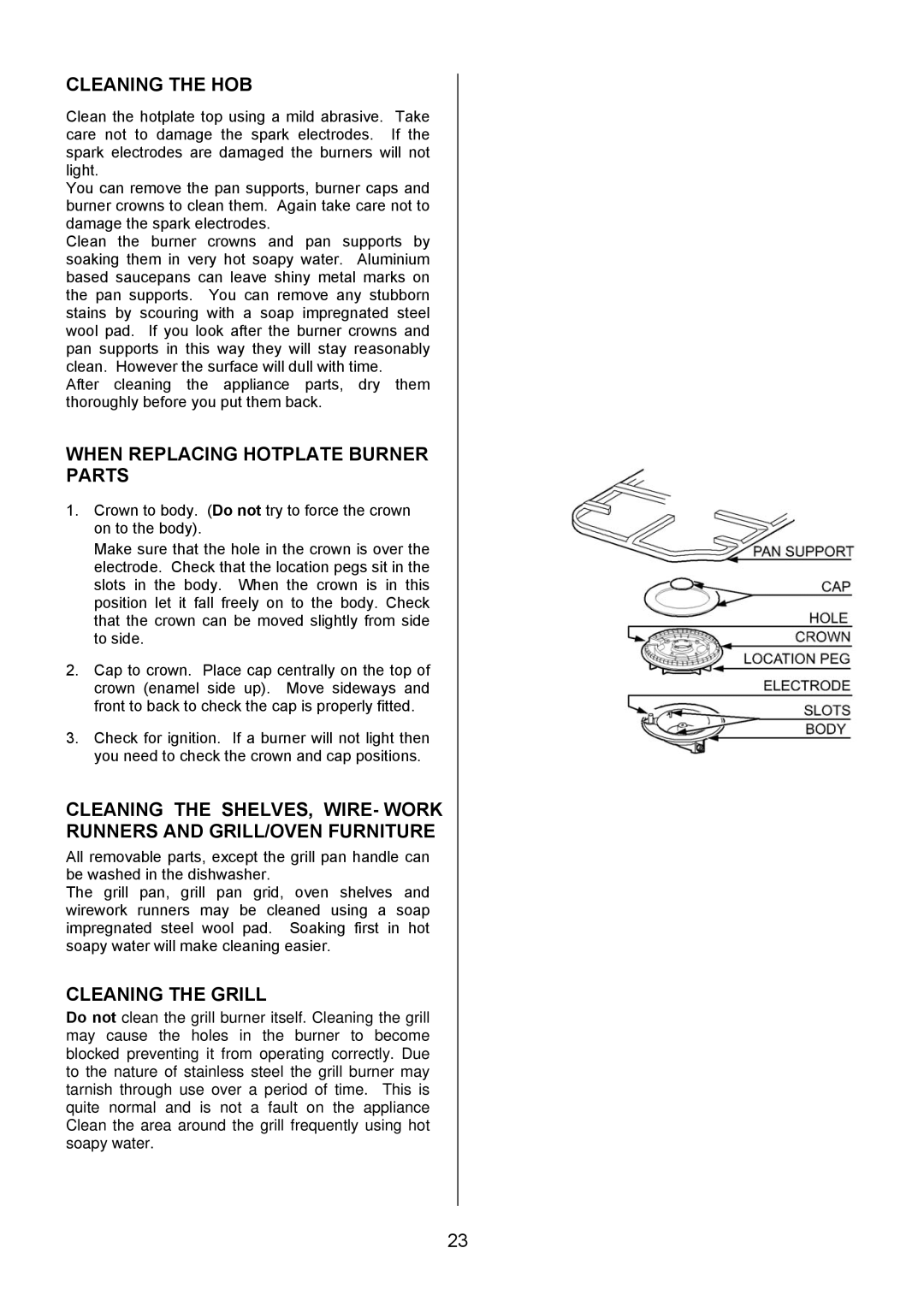 Electrolux EIKG6049 manual Cleaning the HOB, When Replacing Hotplate Burner Parts, Cleaning the Grill 