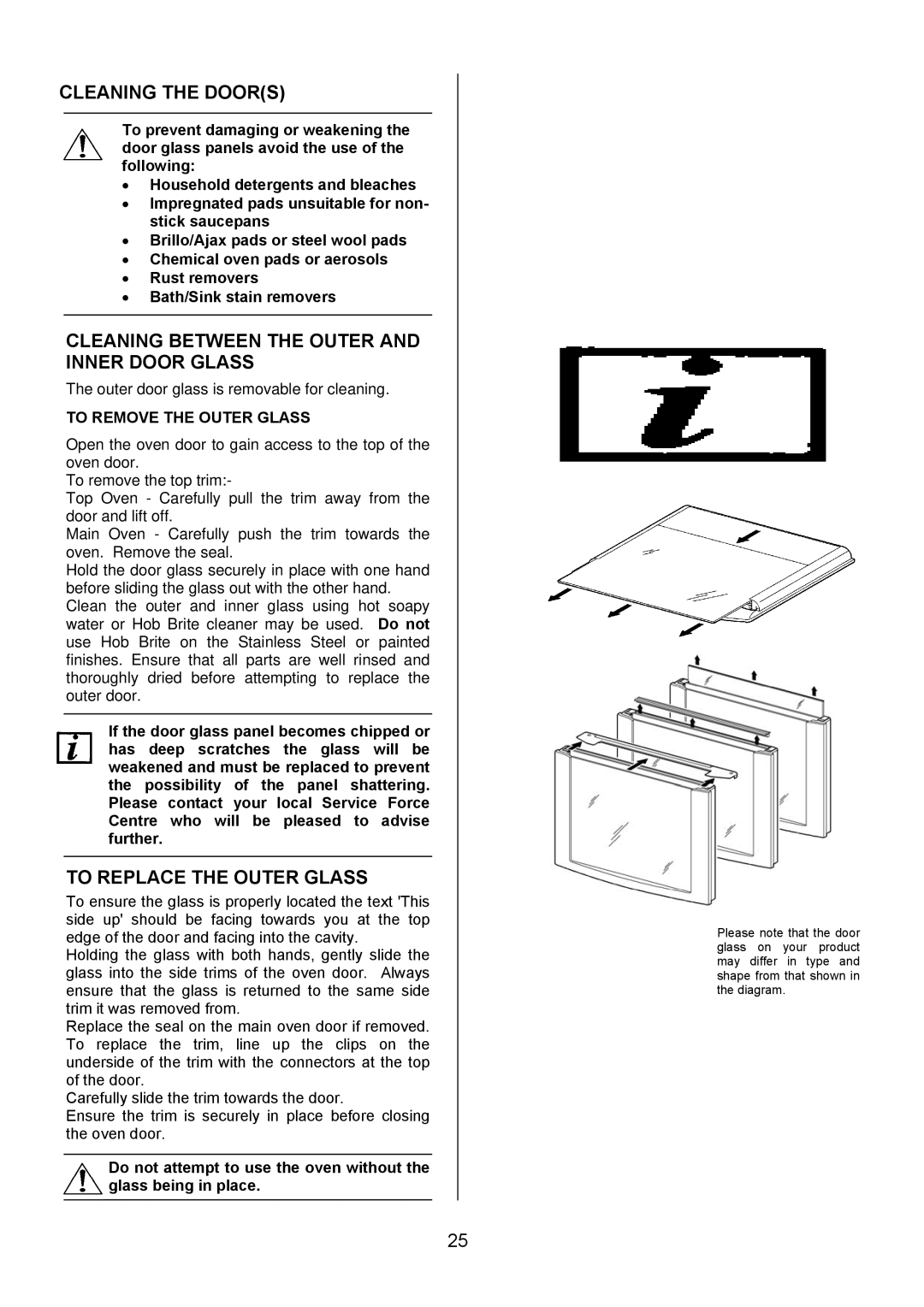 Electrolux EIKG6049 manual Cleaning the Doors, Cleaning Between the Outer and Inner Door Glass, To Replace the Outer Glass 