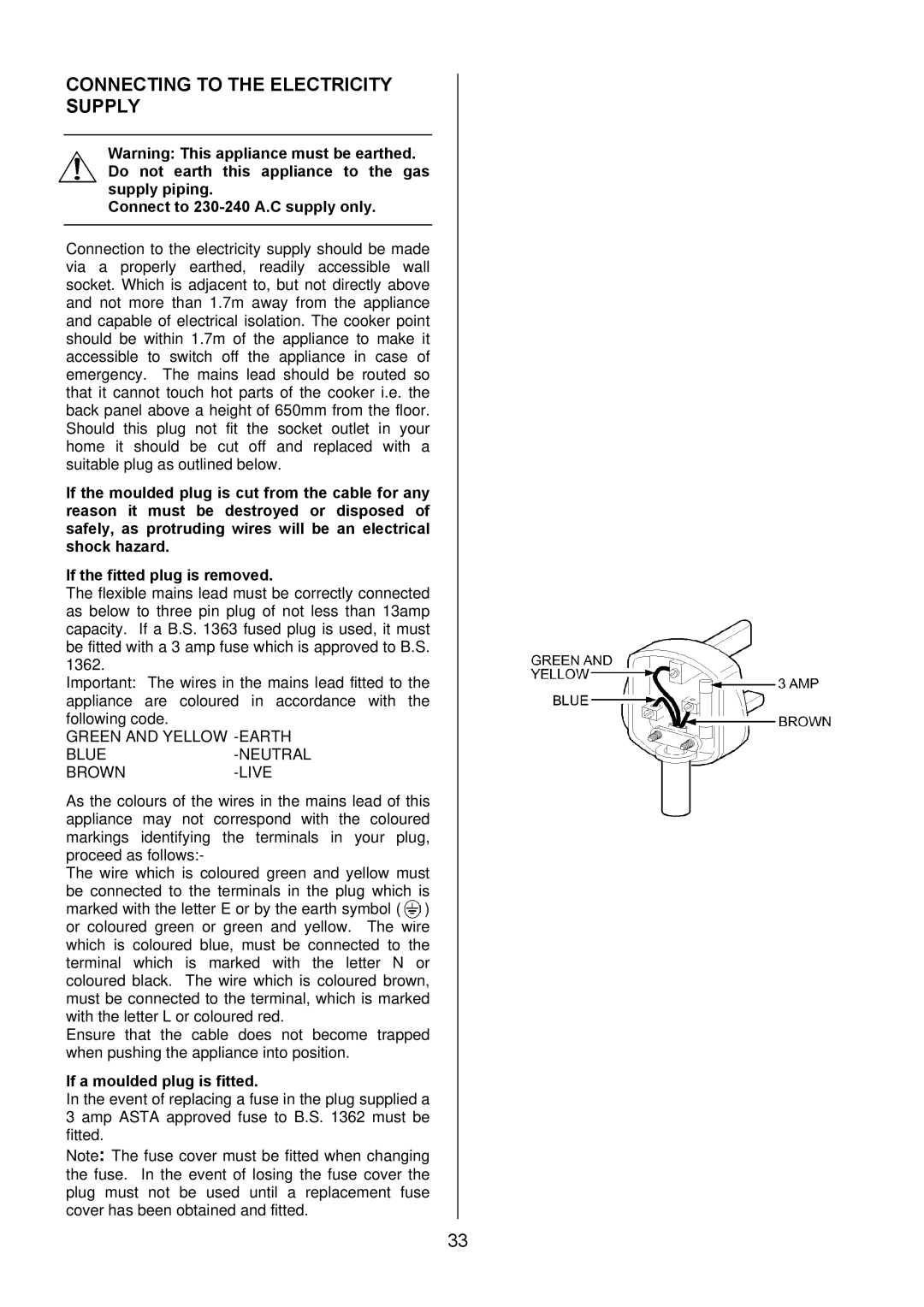 Electrolux EIKG6049 Connecting to the Electricity Supply, Connect to 230-240 A.C supply only, If a moulded plug is fitted 