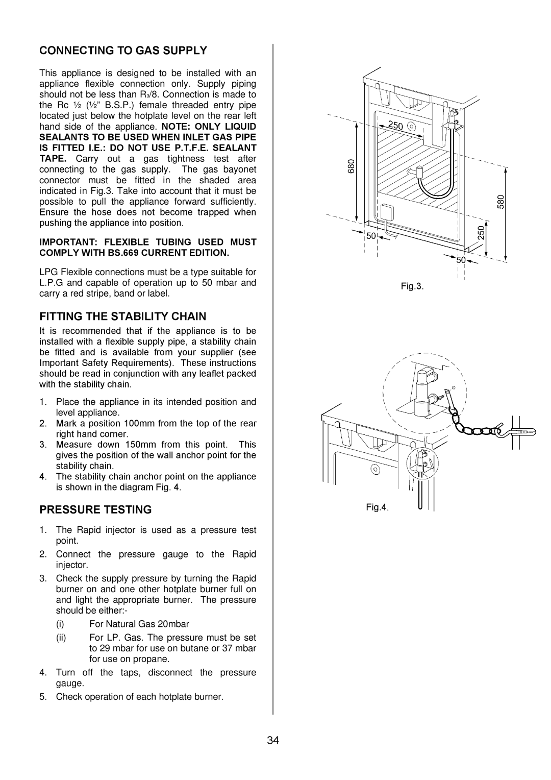 Electrolux EIKG6049 manual Connecting to GAS Supply, Fitting the Stability Chain, Pressure Testing 