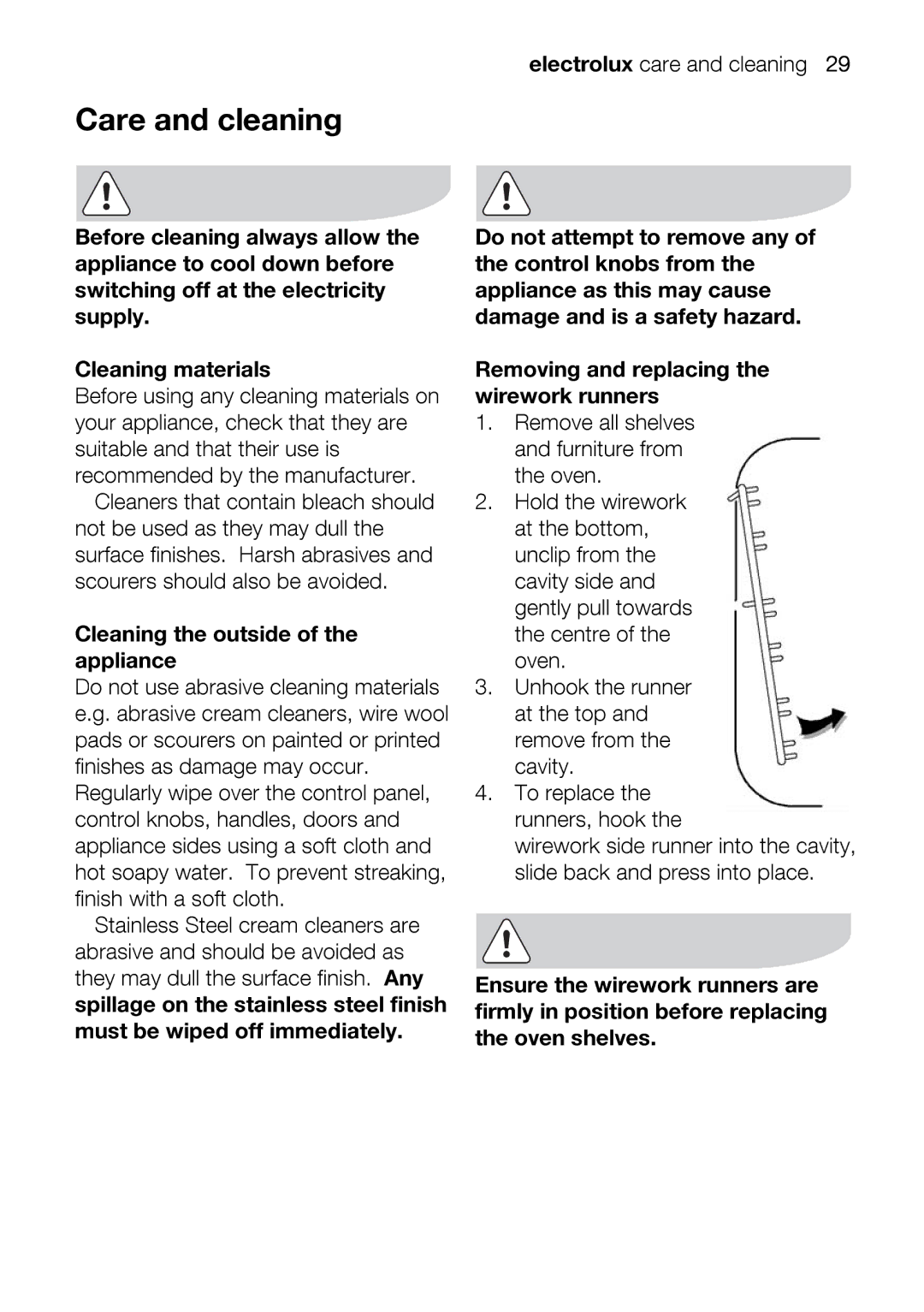 Electrolux EIKM6047 user manual Unhookatthetoptheandrunner, Care and cleaning, Electroluxcareandcleaning29 