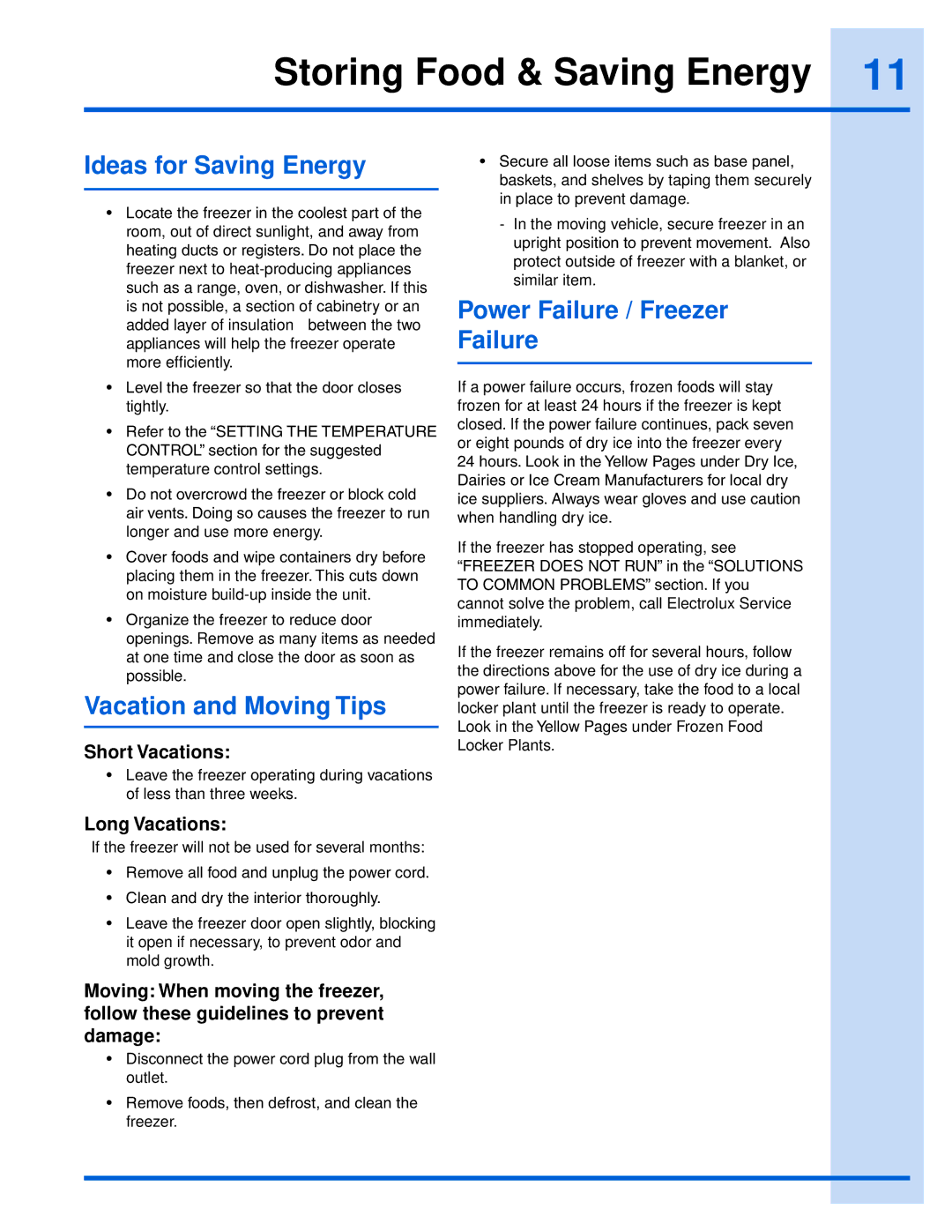 Electrolux EILFU21GS manual Storing Food & Saving Energy, Ideas for Saving Energy, Vacation and Moving Tips 