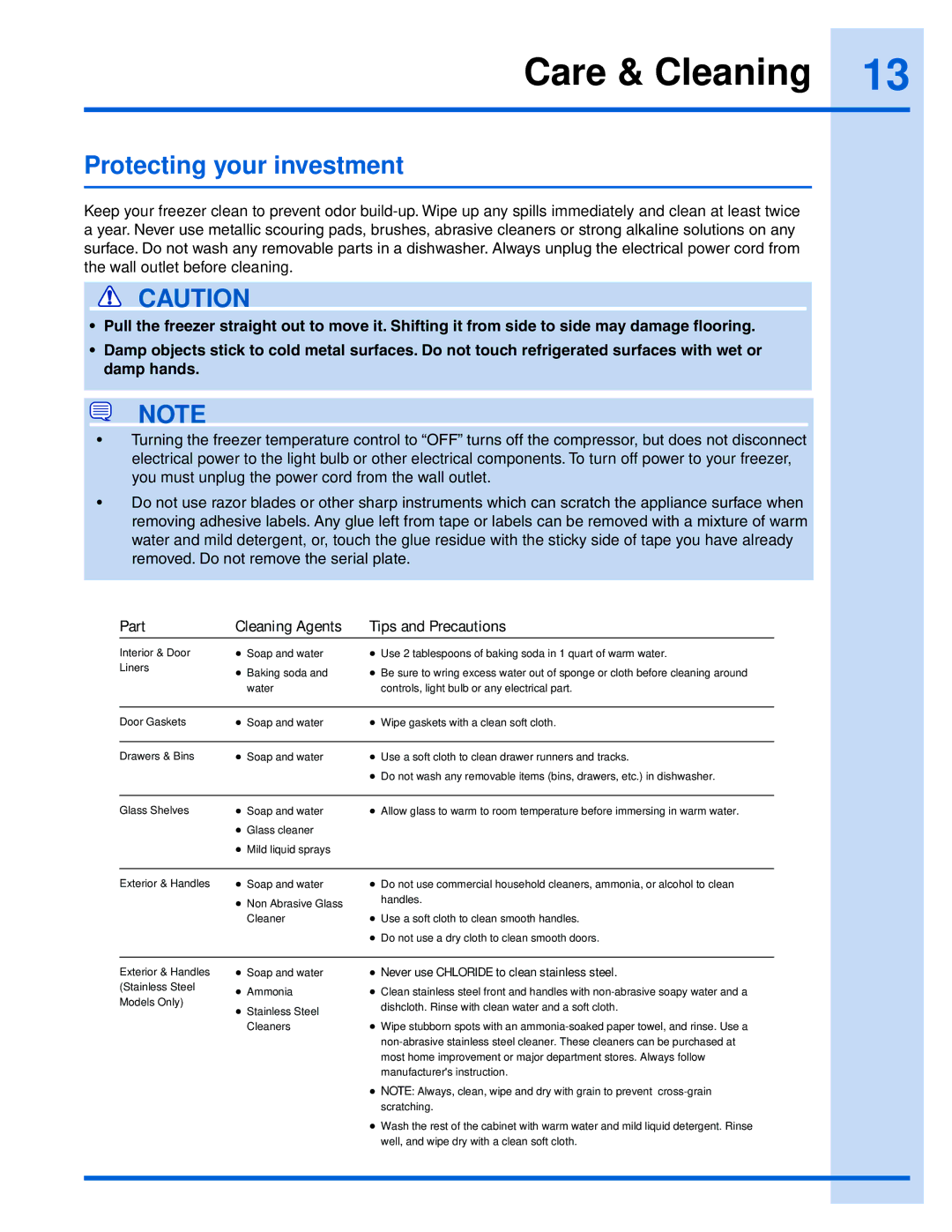 Electrolux EILFU21GS manual Care & Cleaning, Protecting your investment 