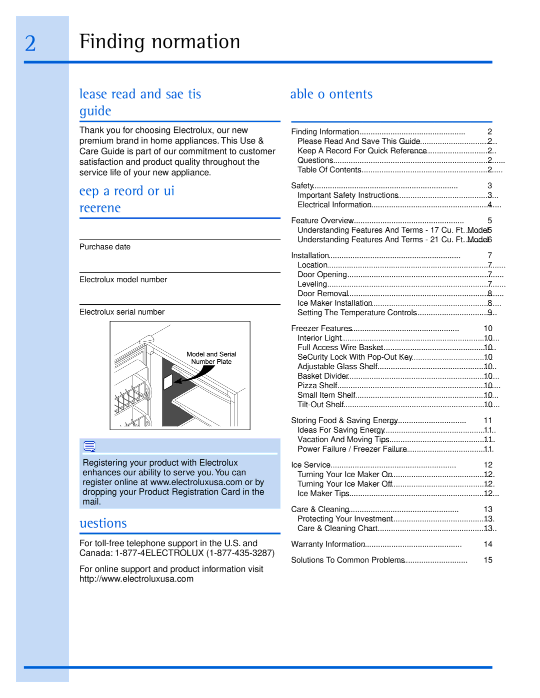 Electrolux EILFU21GS Finding Information, Please read and save this guide, Keep a record for quick reference, Questions? 