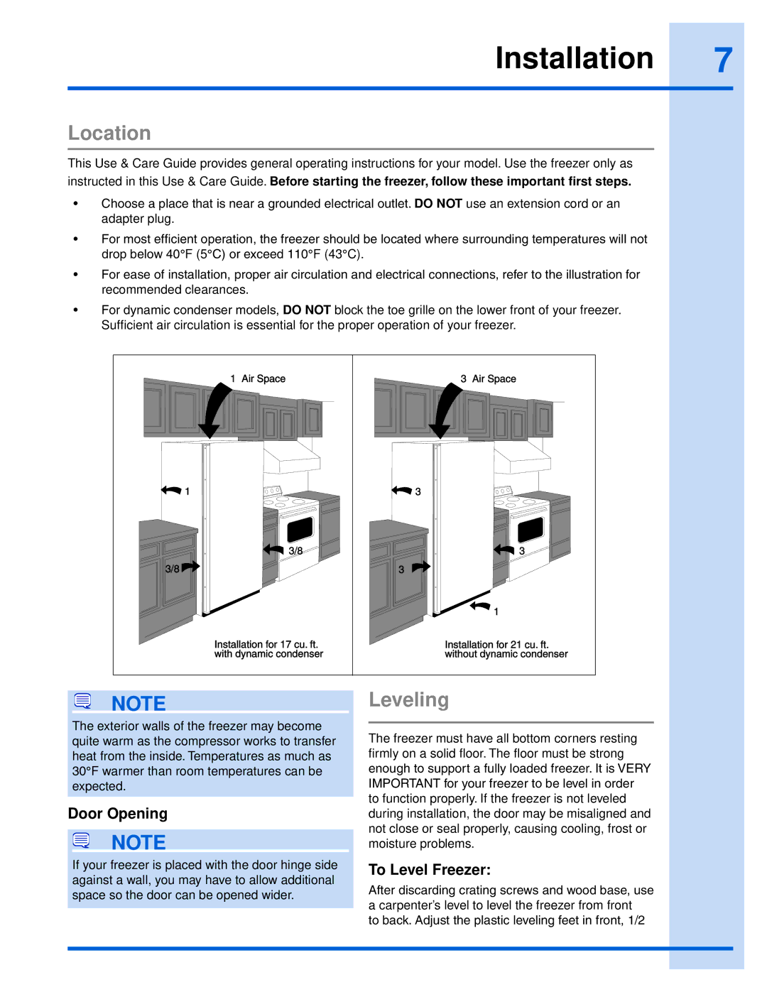 Electrolux EILFU21GS manual Installation, Location, Leveling, Door Opening, To Level Freezer 