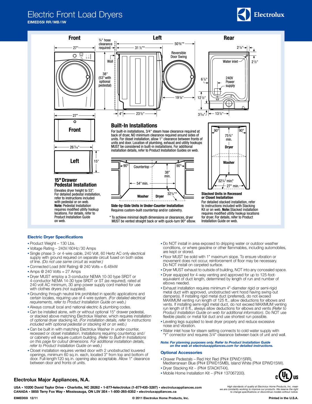 Electrolux EIMED55I RR/MB/IW system manual Electric Dryer Specifications, Optional Accessories 