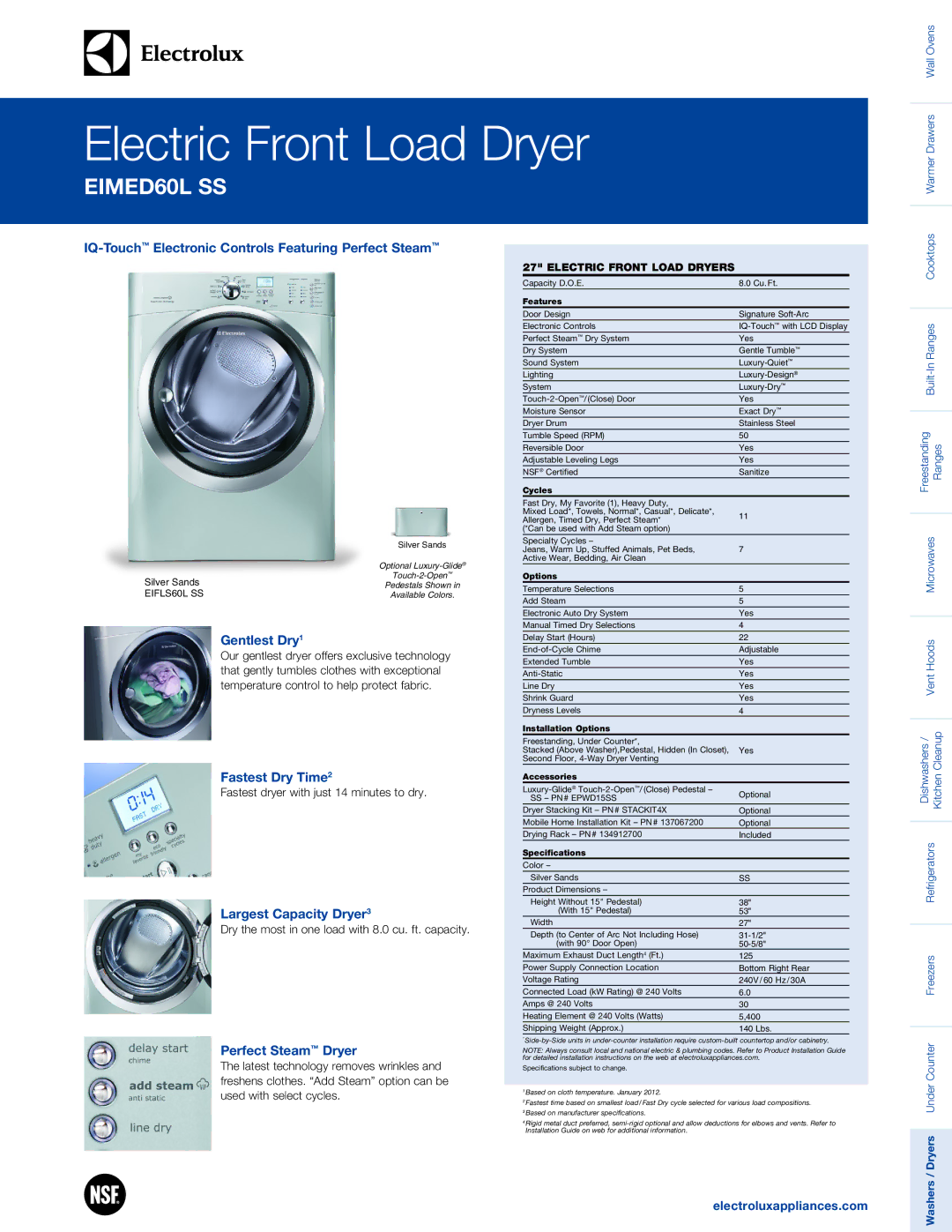 Electrolux EIMED60L SS system manual IQ-TouchElectronic Controls Featuring Perfect Steam, Gentlest Dry1, Fastest Dry Time2 