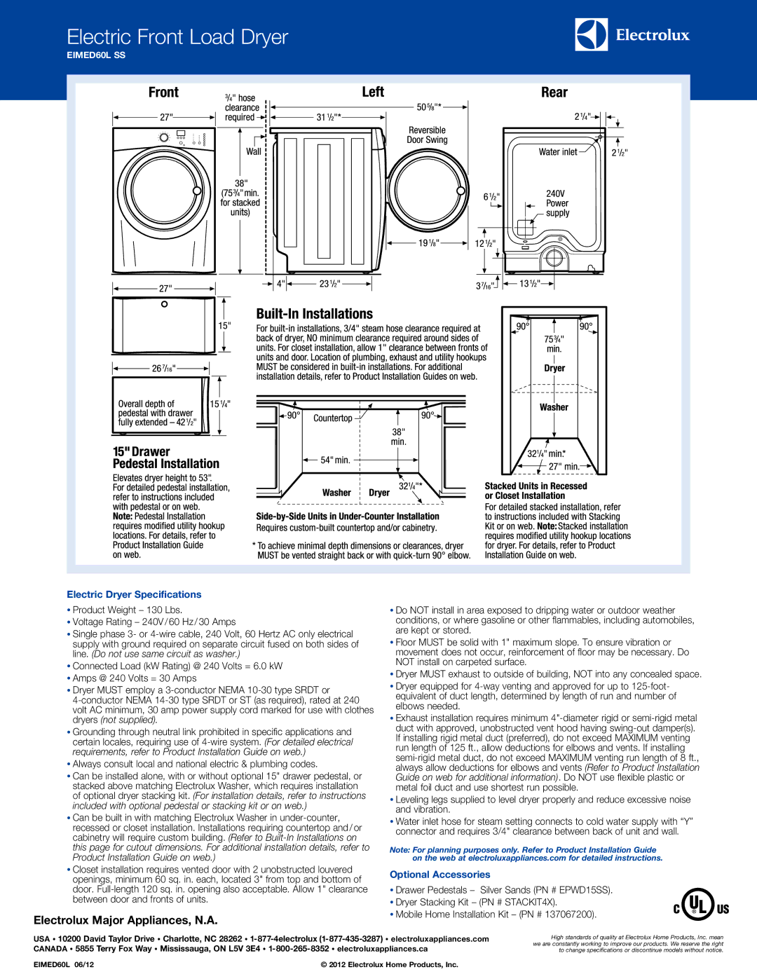 Electrolux EIMED60L SS system manual Electric Dryer Specifications, Optional Accessories 