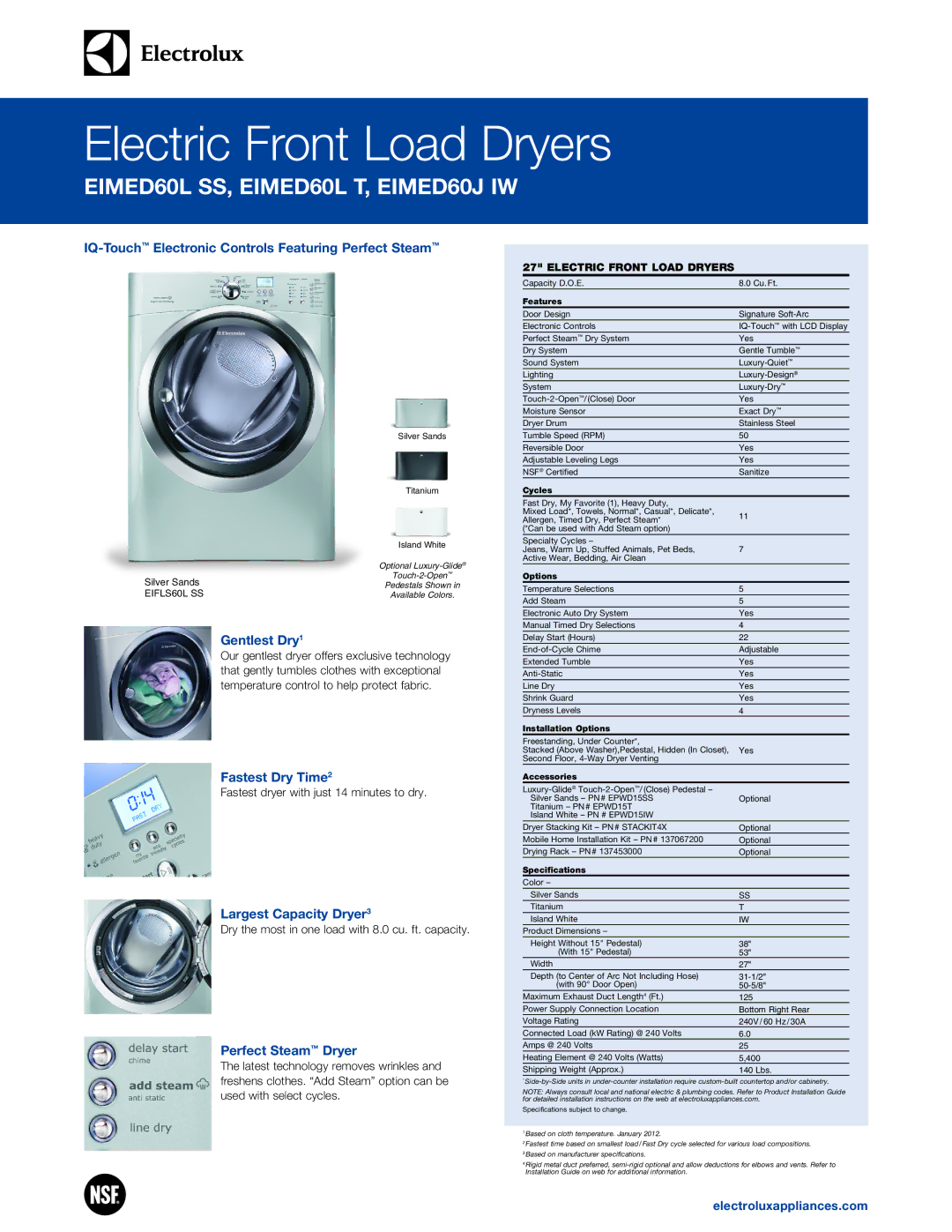 Electrolux EIMED60L SS system manual IQ-TouchElectronic Controls Featuring Perfect Steam, Gentlest Dry, Fastest Dry Time2 