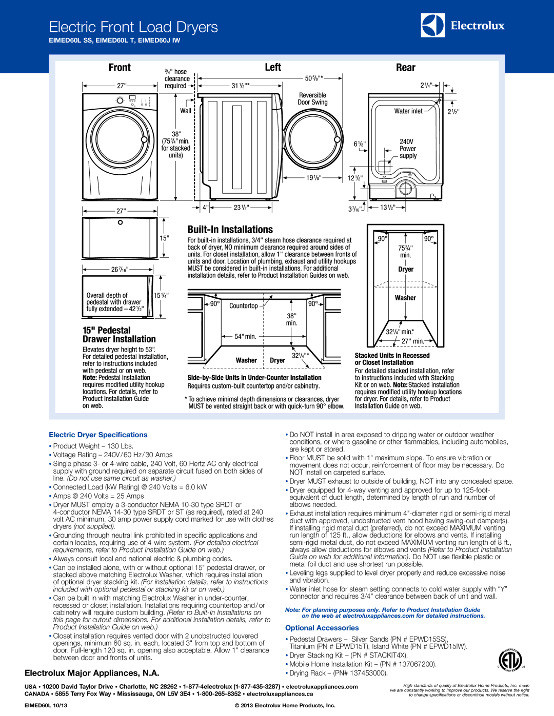 Electrolux EIMED60J IW, EIMED60L T, EIMED60L SS system manual Electric Dryer Specifications, Optional Accessories 