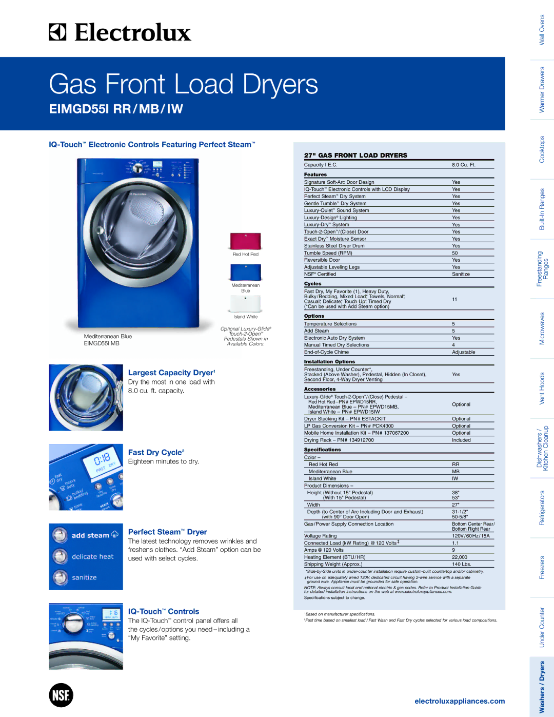 Electrolux EIMGD55I RR/MB/IW system manual IQ-TouchElectronic Controls Featuring Perfect Steam, Largest Capacity Dryer1 