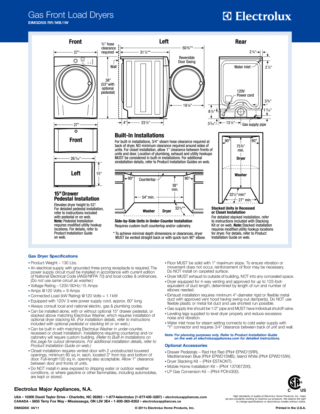 Electrolux EIMGD55I RR/MB/IW system manual Gas Dryer Specifications, Optional Accessories 