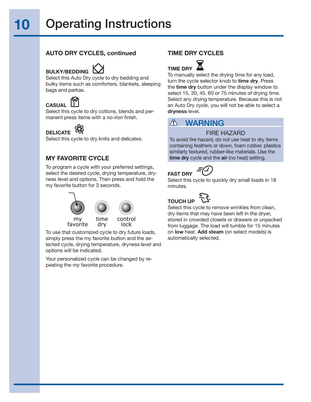 Electrolux 137464800 A (1106), EIMGD55IIW, EIMED55IIW manual Time DRY Cycles, MY Favorite Cycle 