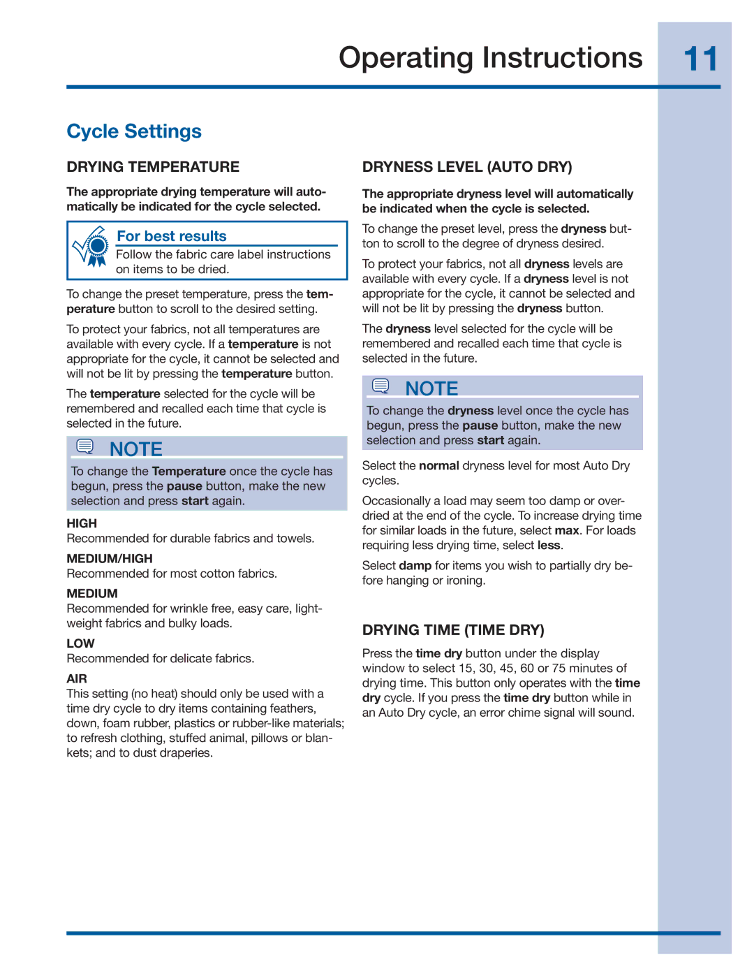 Electrolux EIMED55IIW, EIMGD55IIW manual Cycle Settings, Drying Temperature, Dryness Level Auto DRY, Drying Time Time DRY 