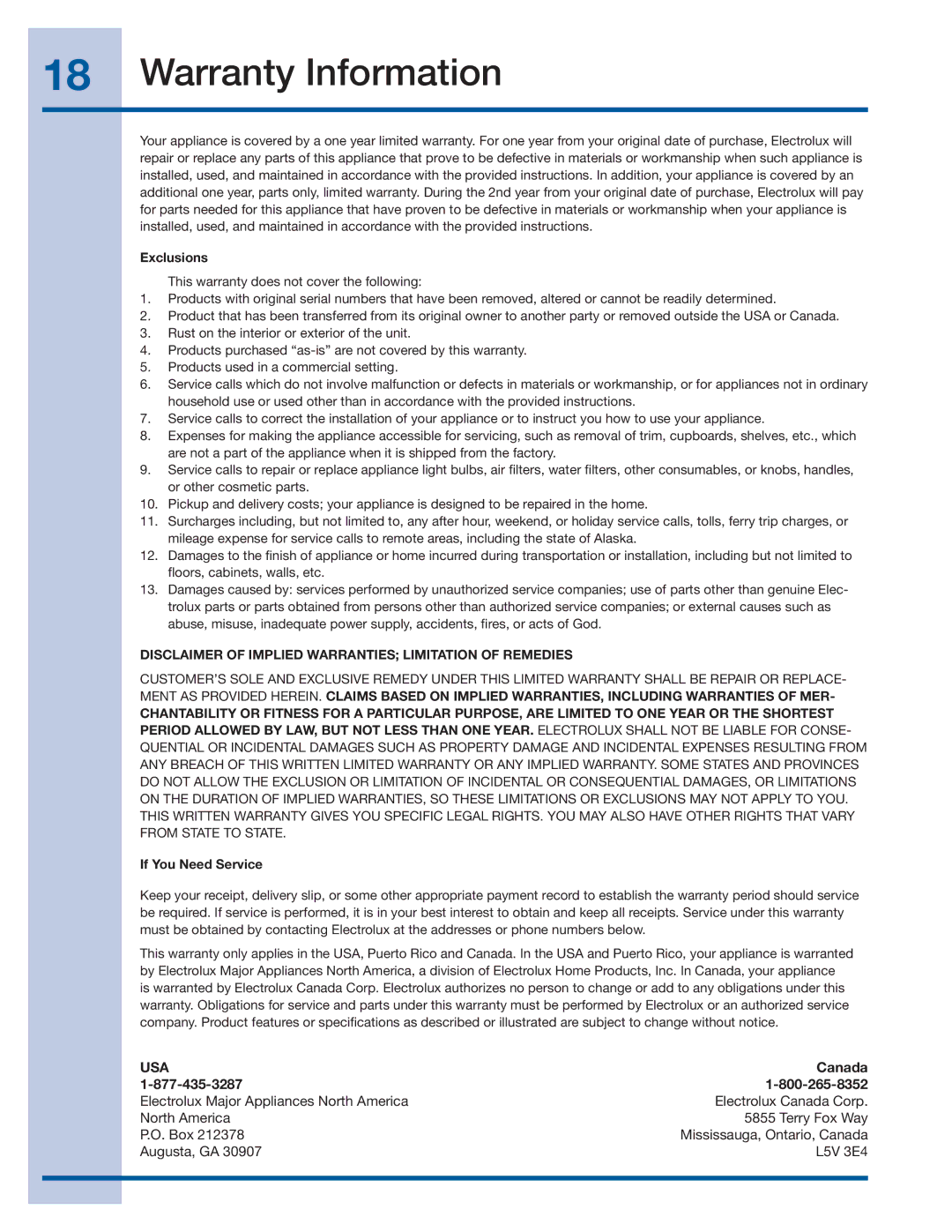 Electrolux EIMGD55IIW, 137464800 A (1106), EIMED55IIW manual Warranty Information, Exclusions 