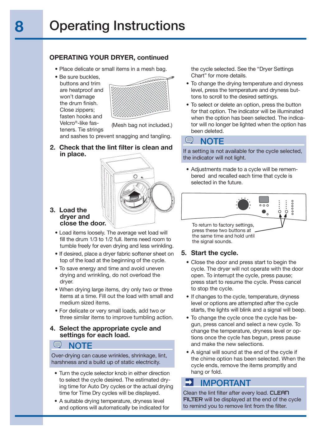 Electrolux EIMED55IIW, EIMGD55IIW, 137464800 A (1106) manual Operating Your Dryer 