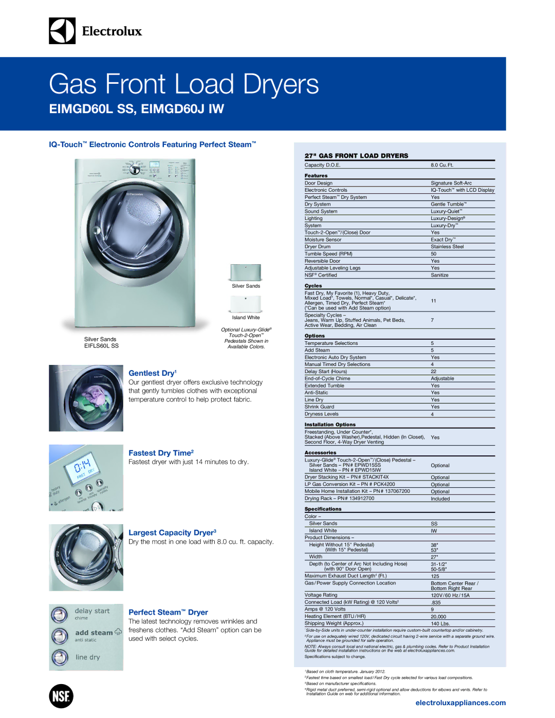 Electrolux EIMGD60J IW specifications IQ-TouchElectronic Controls Featuring Perfect Steam, Gentlest Dry, Fastest Dry Time2 