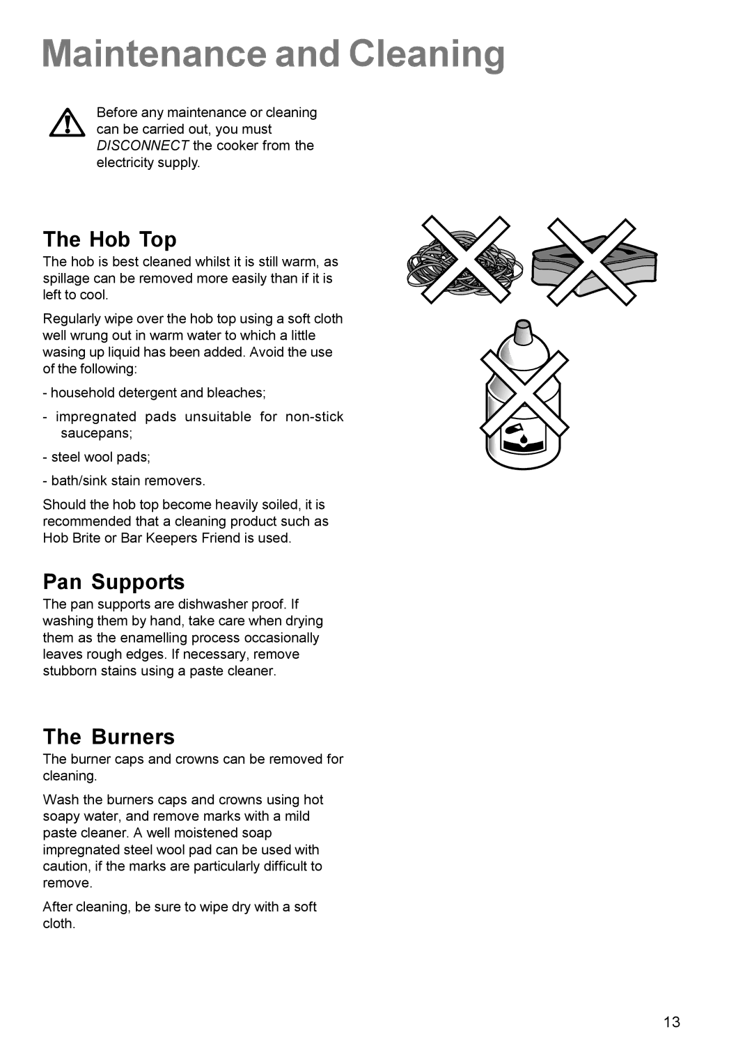 Electrolux EK 5701 manual Maintenance and Cleaning, Hob Top, Pan Supports, Burners 