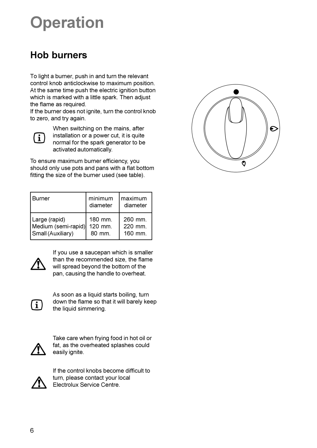 Electrolux EK 5701 manual Operation, Hob burners 